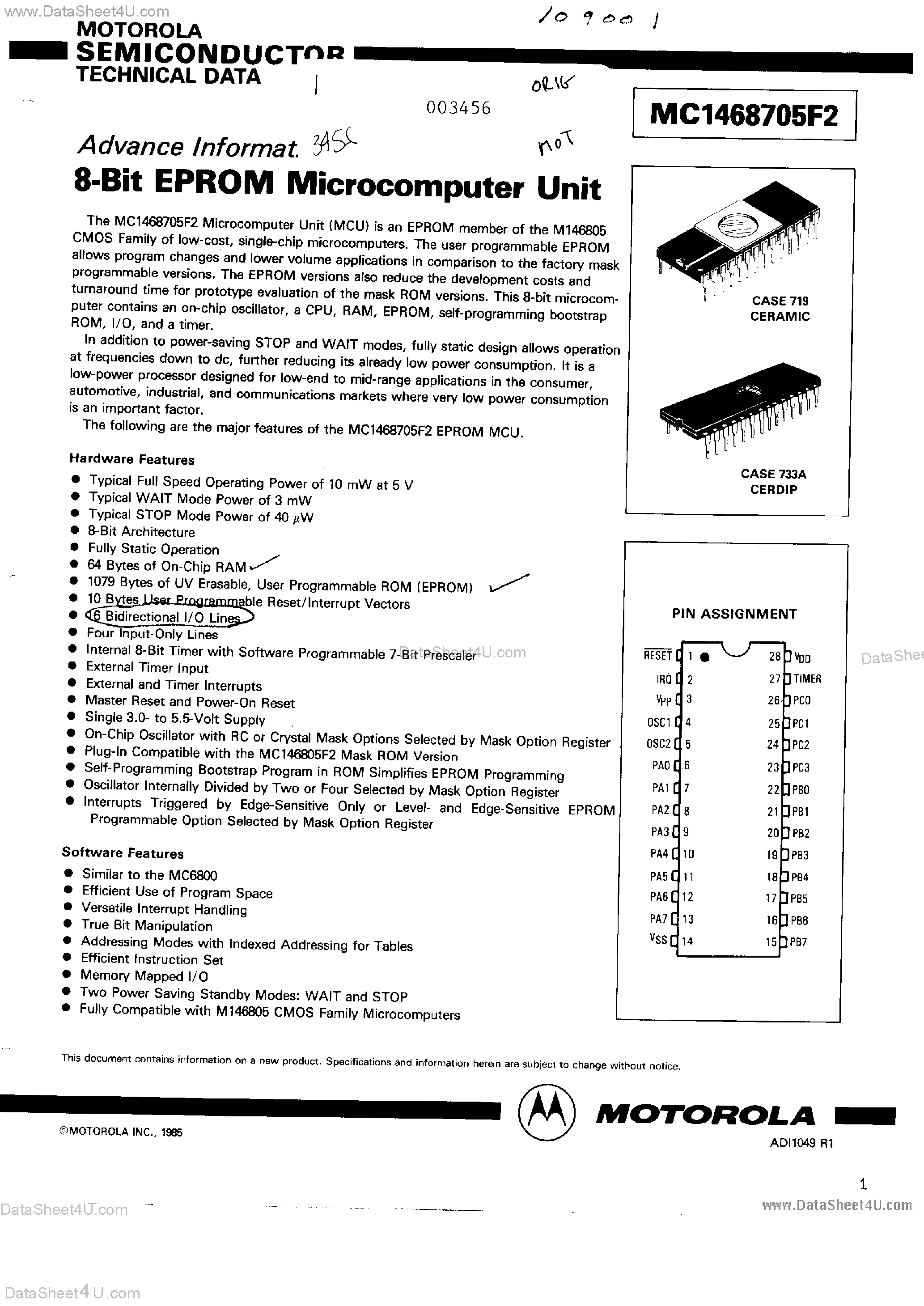 Даташит MC1468705F2 - 8-Bit EPROM Microcomputer Unit страница 1