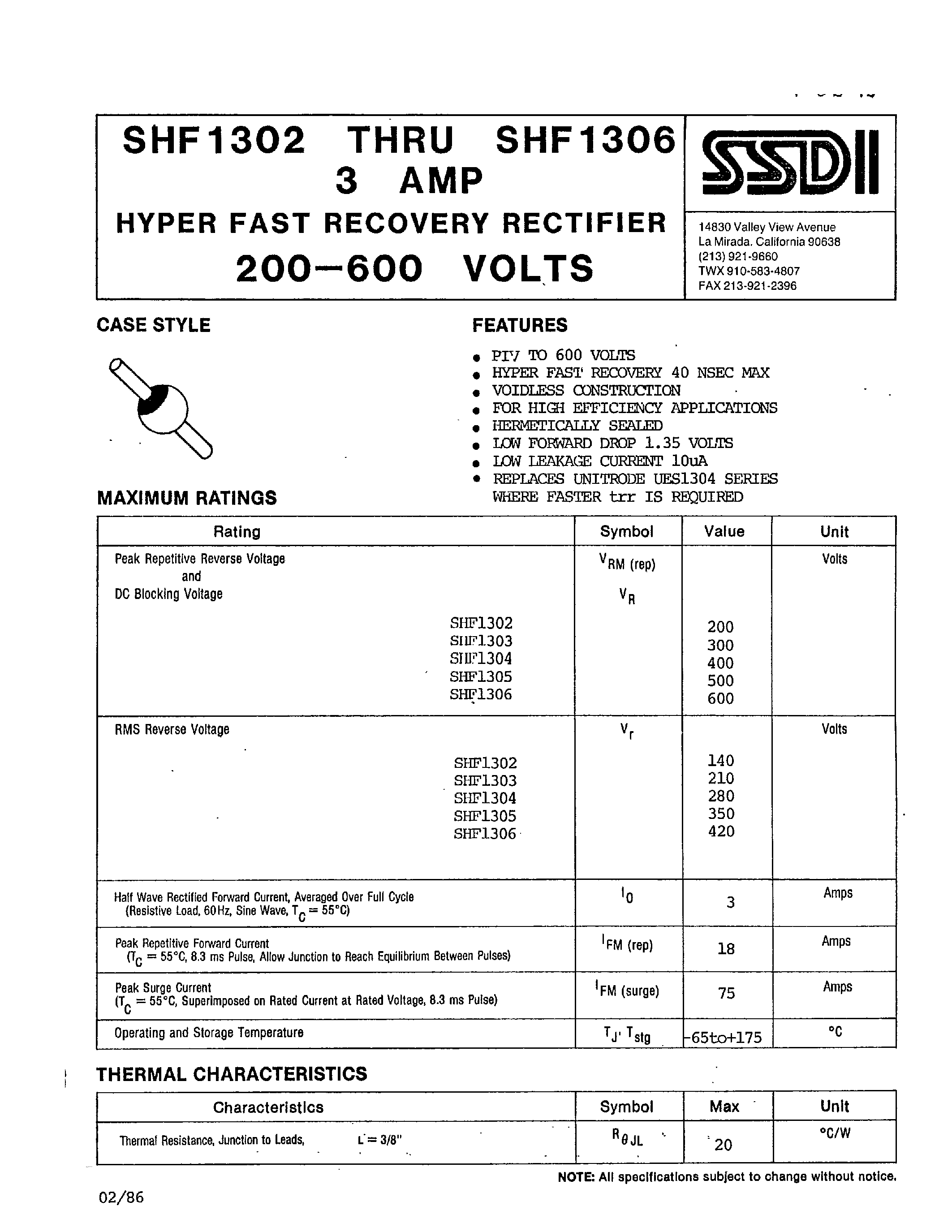 Datasheet SHF1302 - (SHF1302 - SHF1306) HYPER FAST RECOVERY RECTIFIER 200-600 VOLTS page 1
