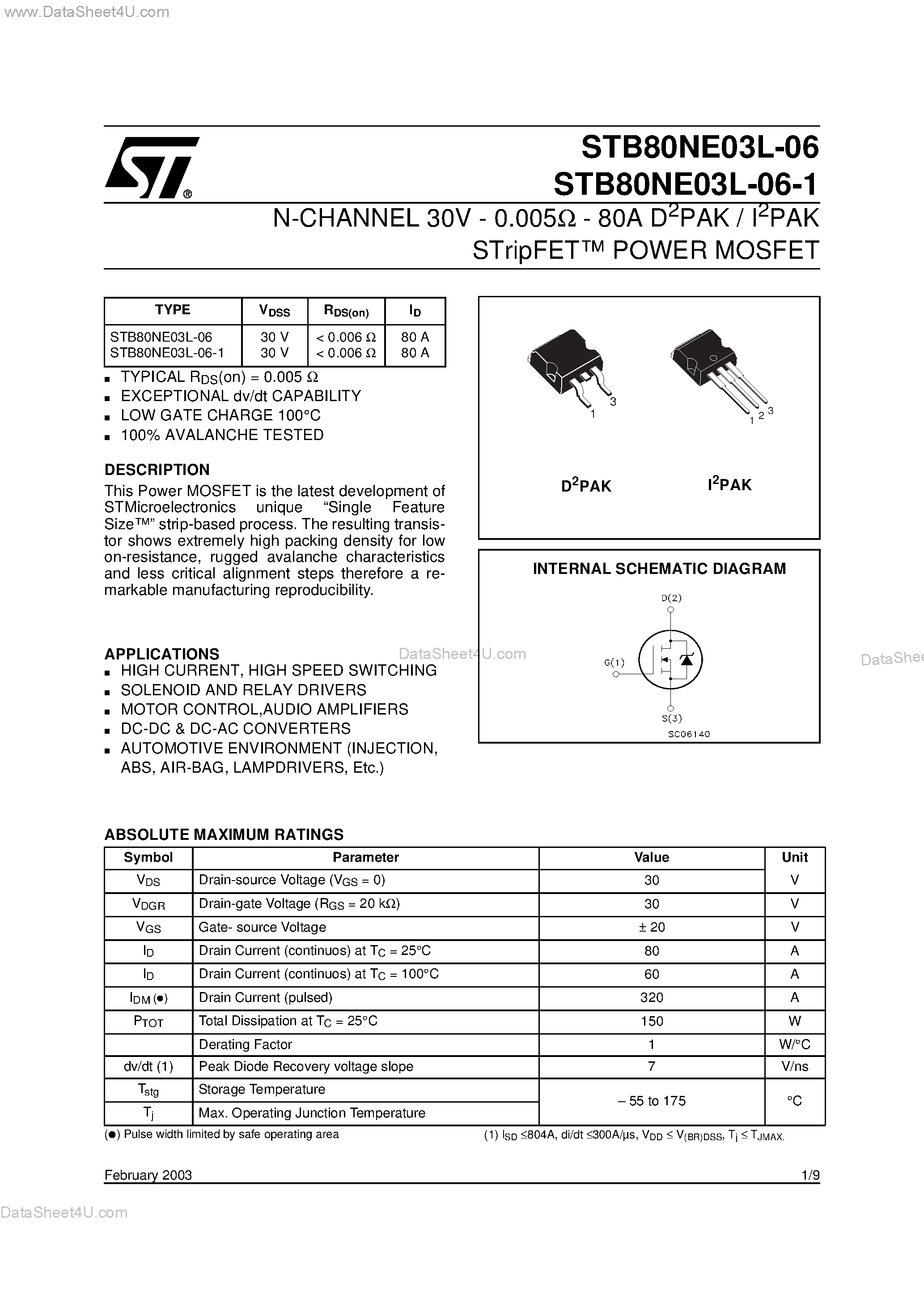 Datasheet STB80NE03L-06 - N-CHANNEL POWER MOSFET page 1