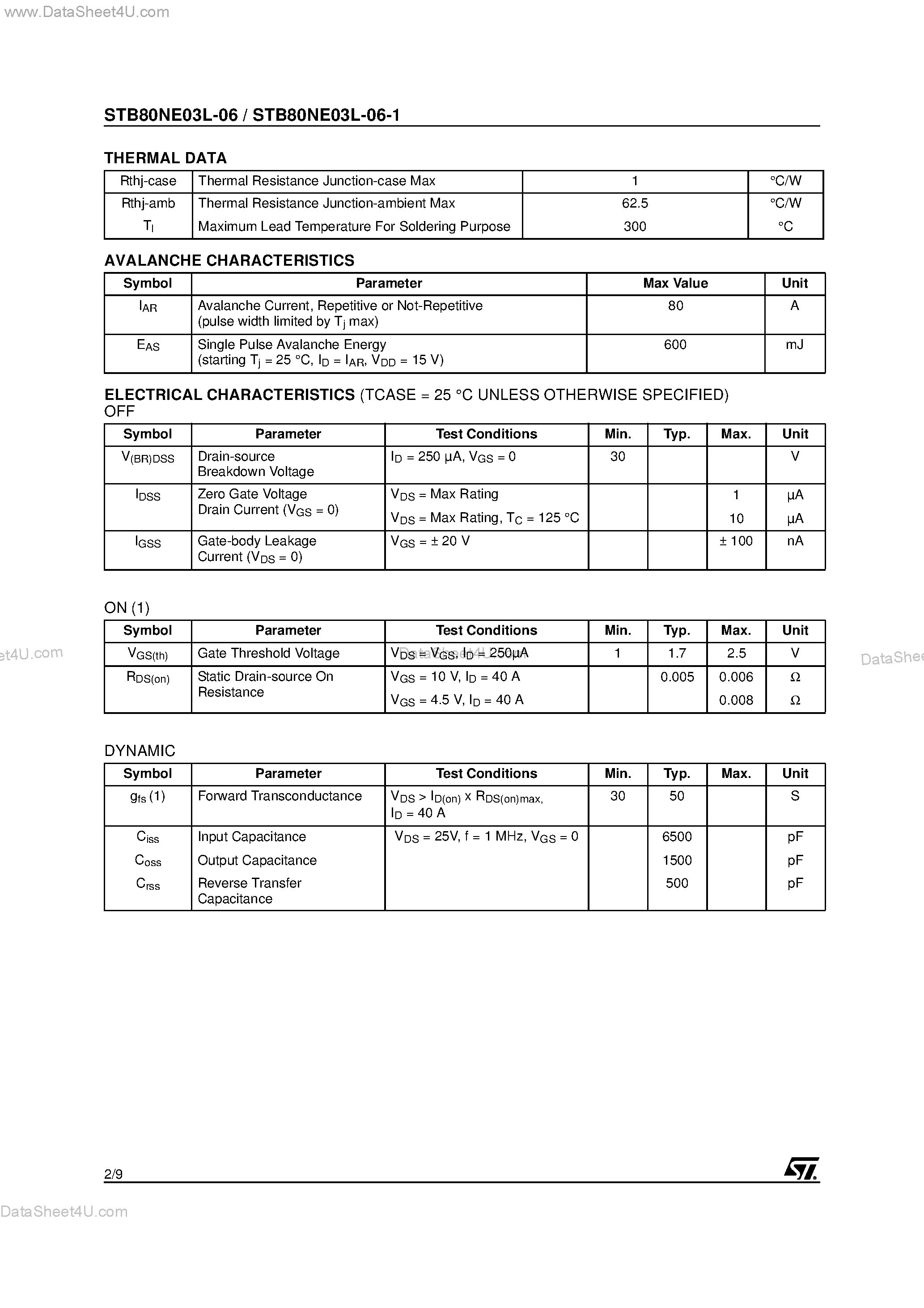 Datasheet STB80NE03L-06 - N-CHANNEL POWER MOSFET page 2