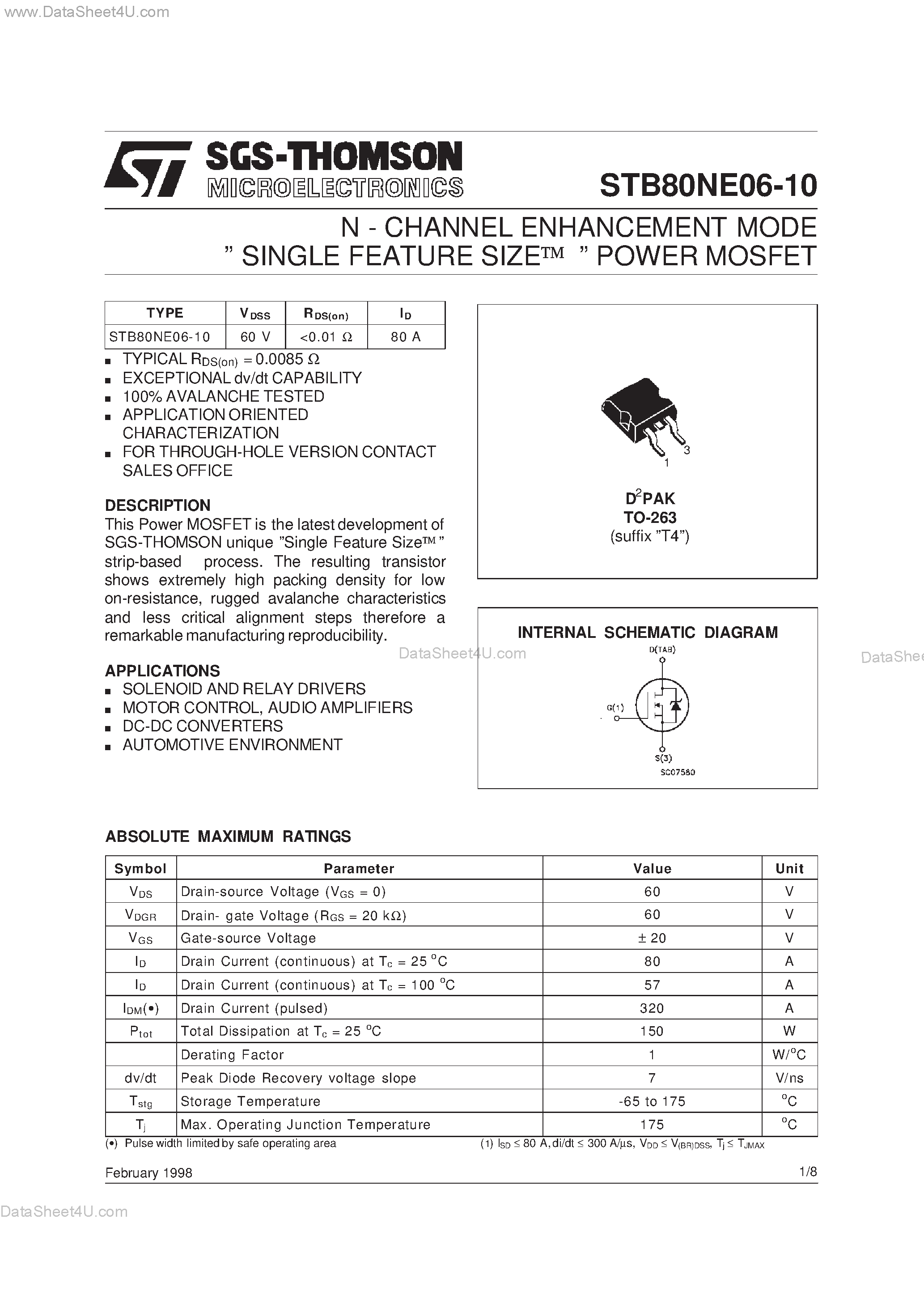 Datasheet STB80NE06-10 - N-CHANNEL ENHANCEMENT MODE SINGLE FEATURE SIZE POWER MOSFET page 1