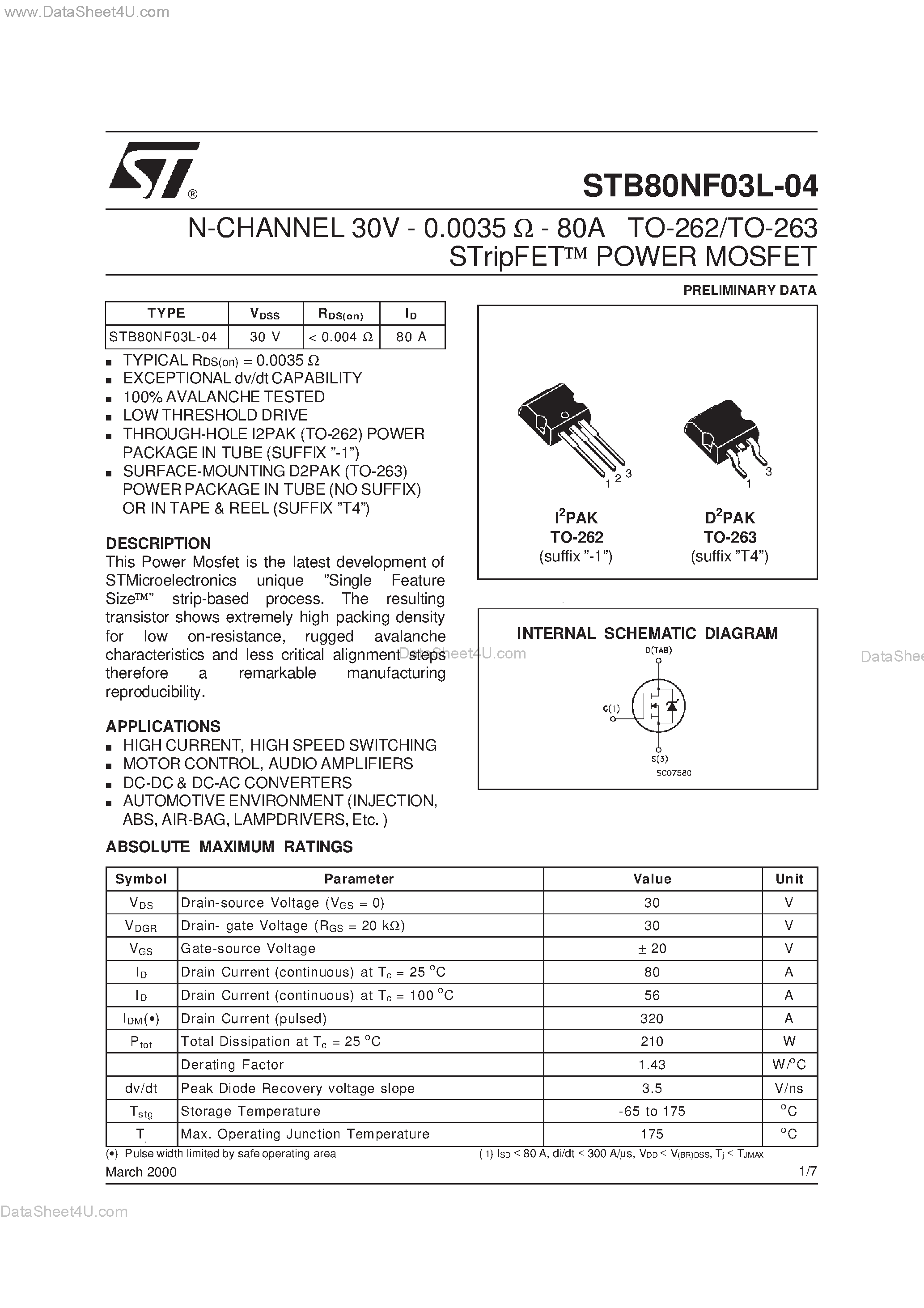 Datasheet STB80NF03L-04 - N-CHANNEL ENHANCEMENT MODE SINGLE FEATURE SIZE POWER MOSFET page 1