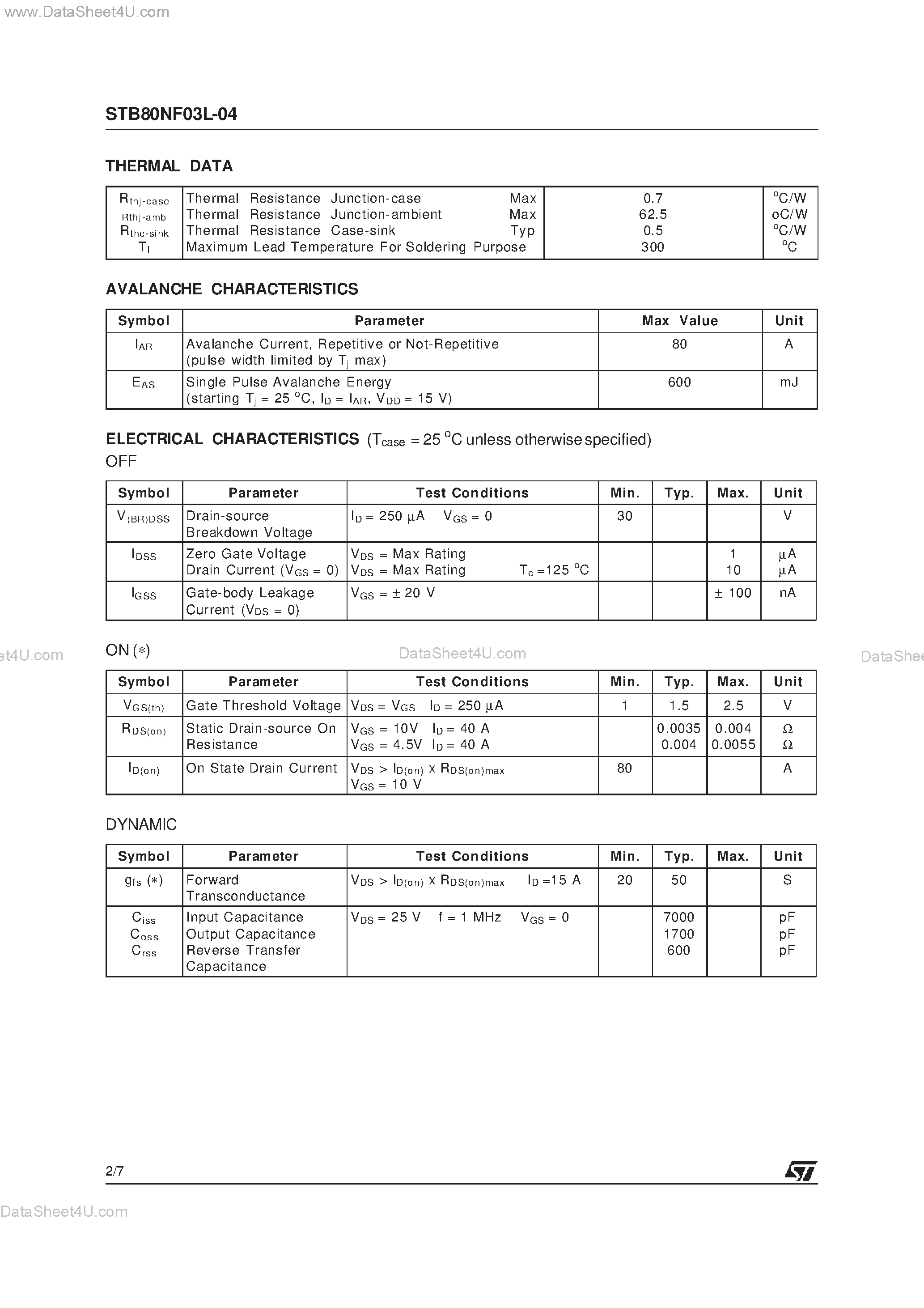 Datasheet STB80NF03L-04 - N-CHANNEL ENHANCEMENT MODE SINGLE FEATURE SIZE POWER MOSFET page 2