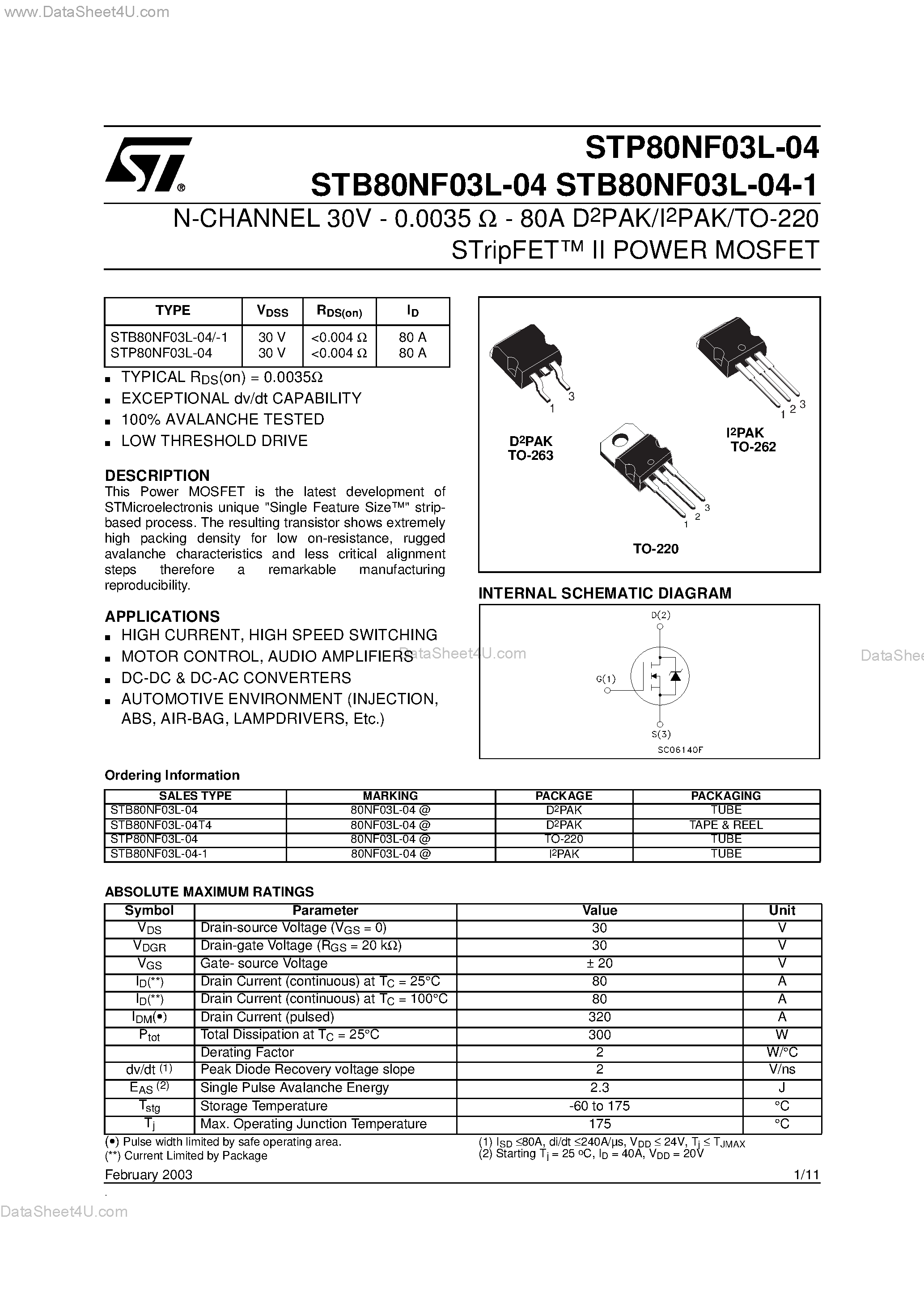 Datasheet STB80NF03L-04-1 - N-CHANNEL POWER MOSFET page 1