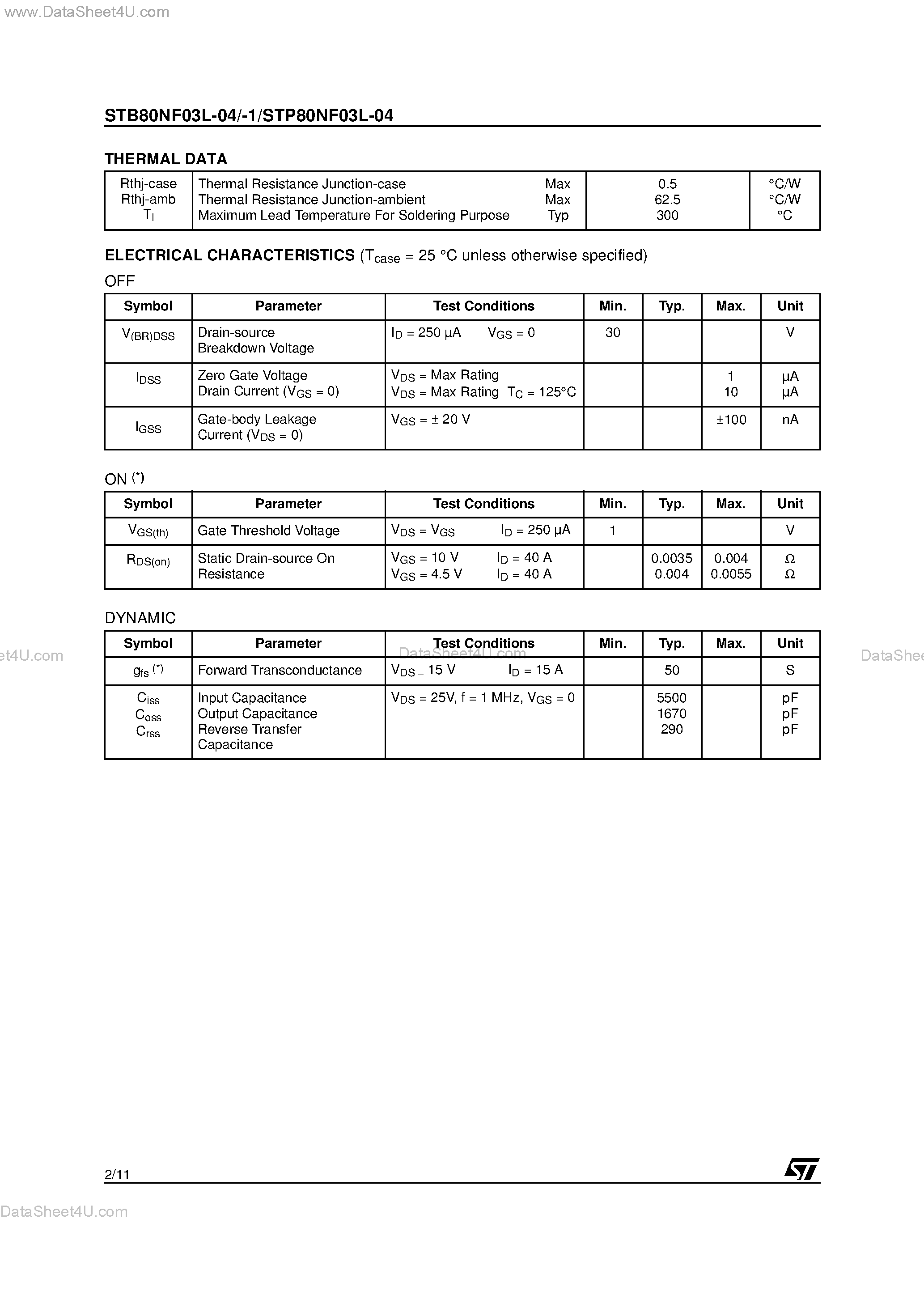 Datasheet STB80NF03L-04-1 - N-CHANNEL POWER MOSFET page 2