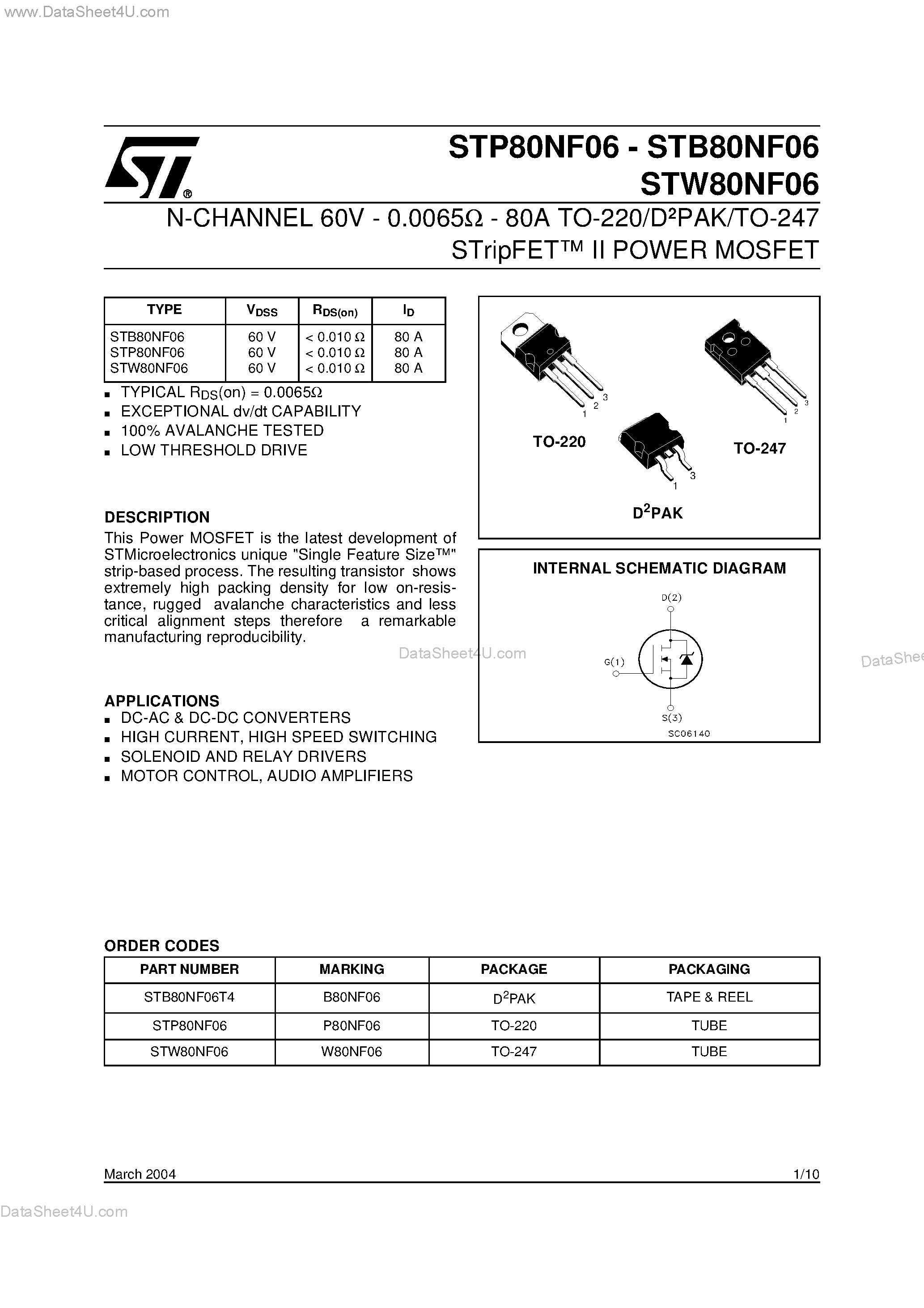 Datasheet STB80NF06 - N-CHANNEL POWER MOSFET page 1