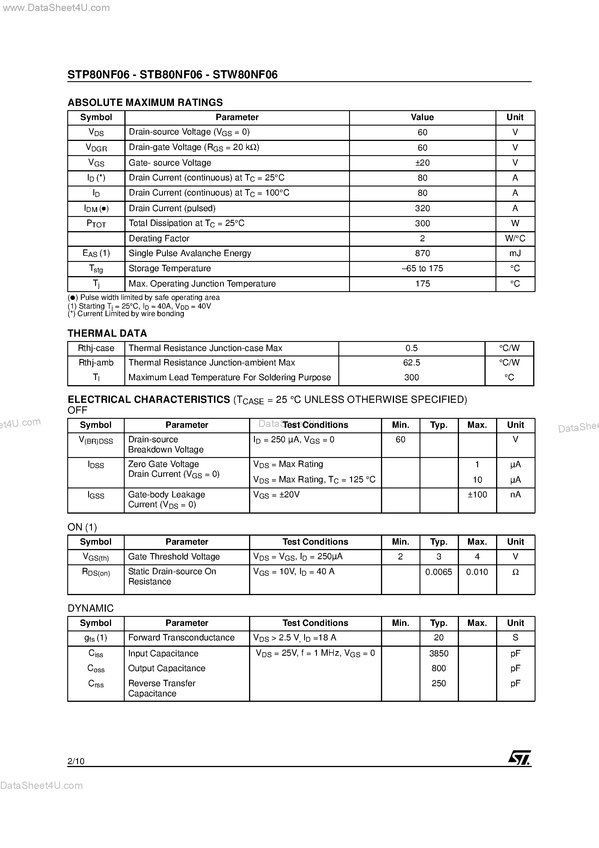 Datasheet STB80NF06 - N-CHANNEL POWER MOSFET page 2