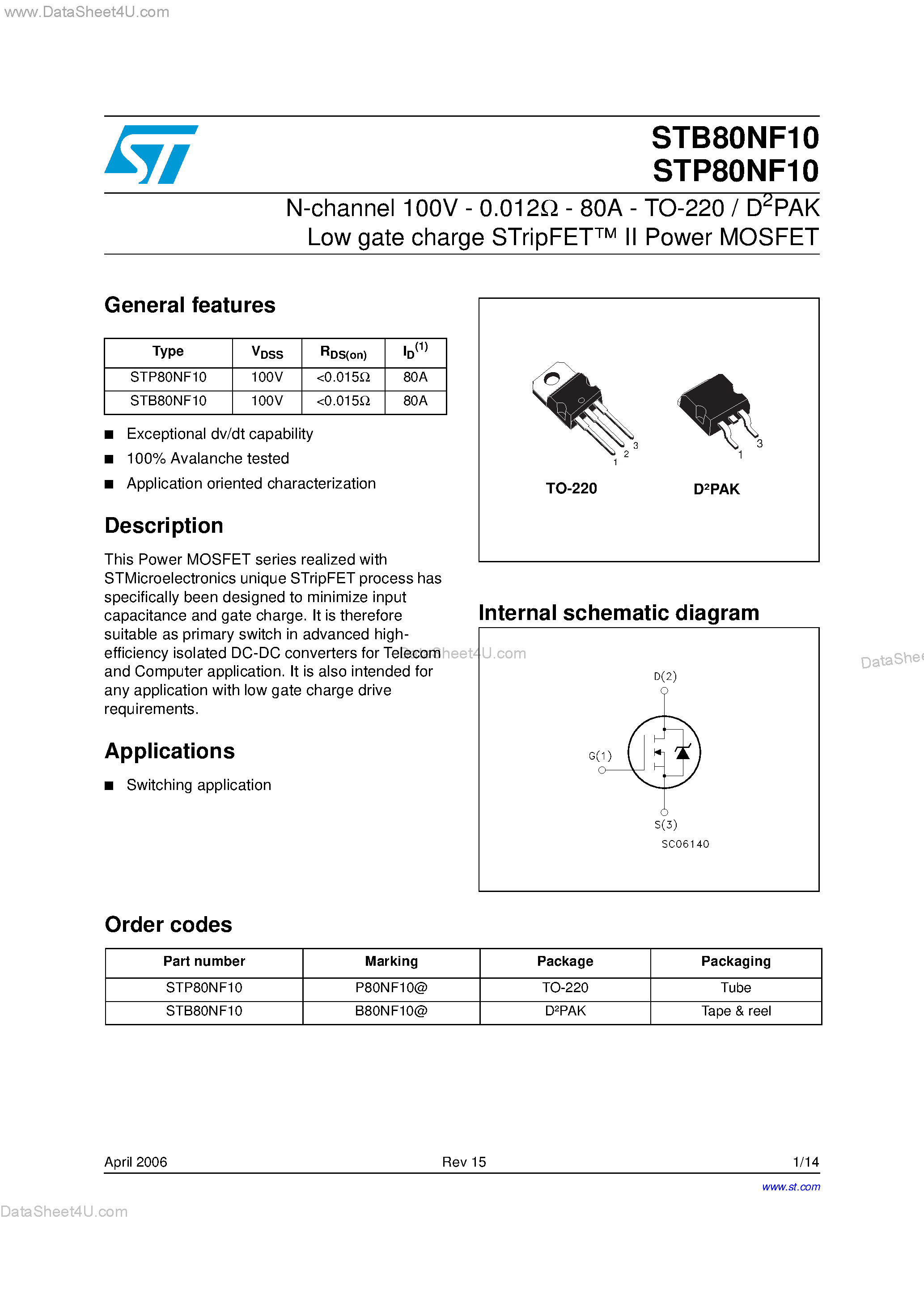 Datasheet STB80NF10 - N-CHANNEL POWER MOSFET page 1