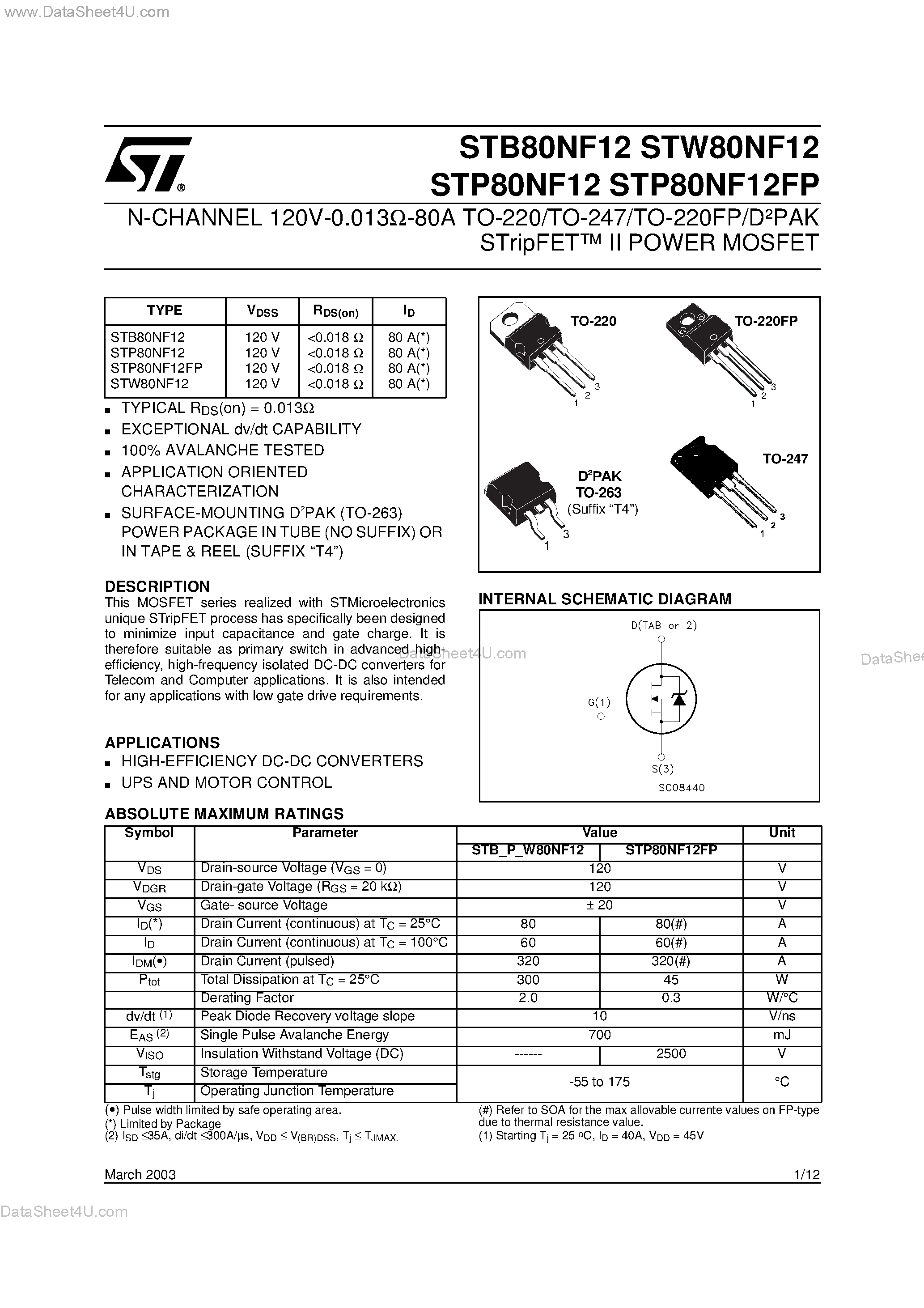 Datasheet STB80NF12 - N-CHANNEL POWER MOSFET page 1
