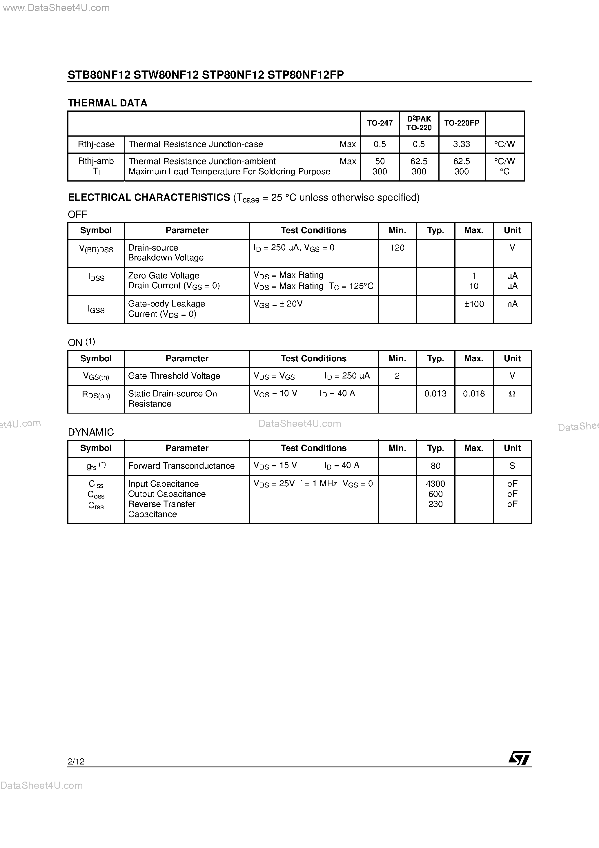 Datasheet STB80NF12 - N-CHANNEL POWER MOSFET page 2