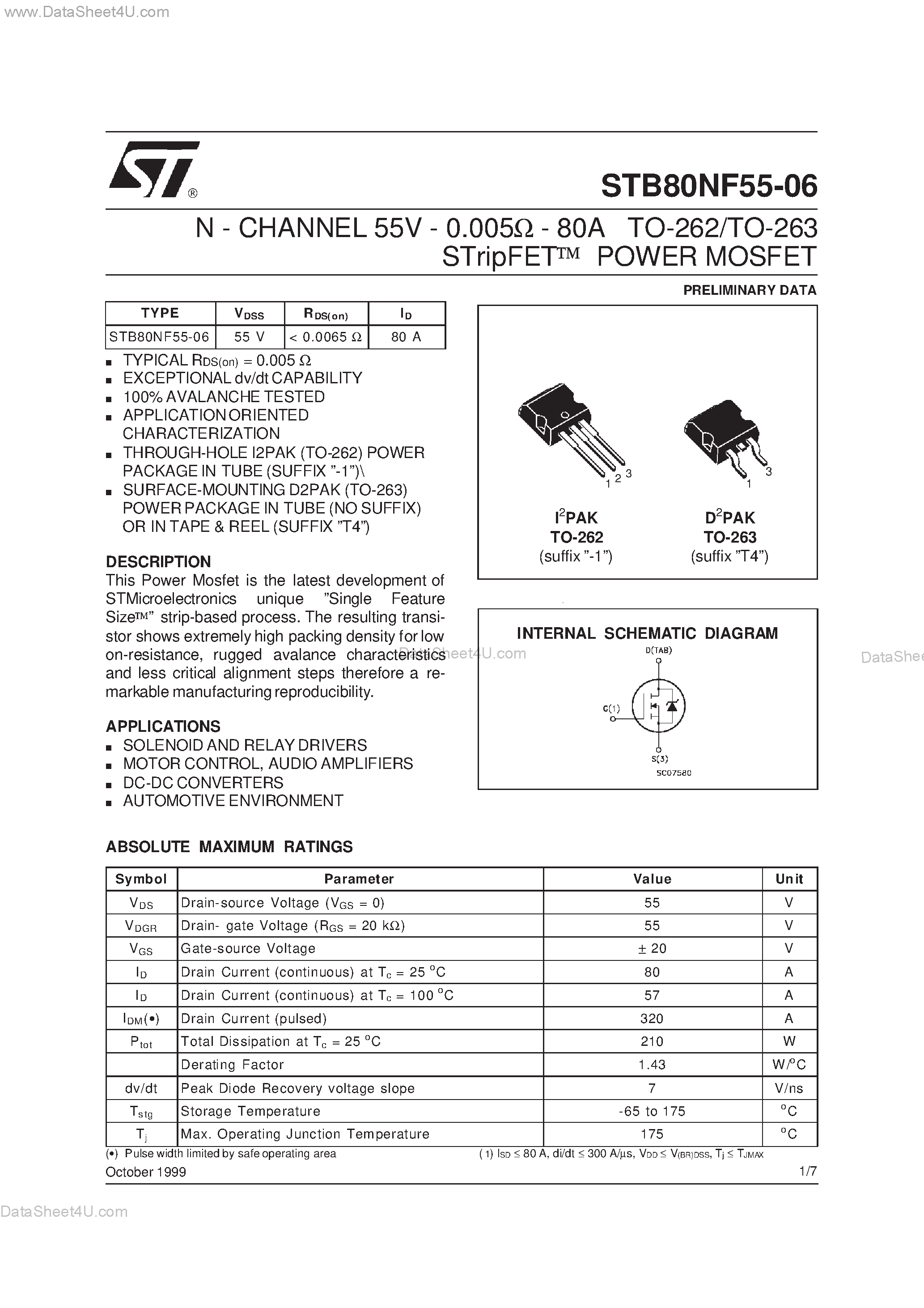 Datasheet STB80NF55-06 - N-CHANNEL POWER MOSFET page 1