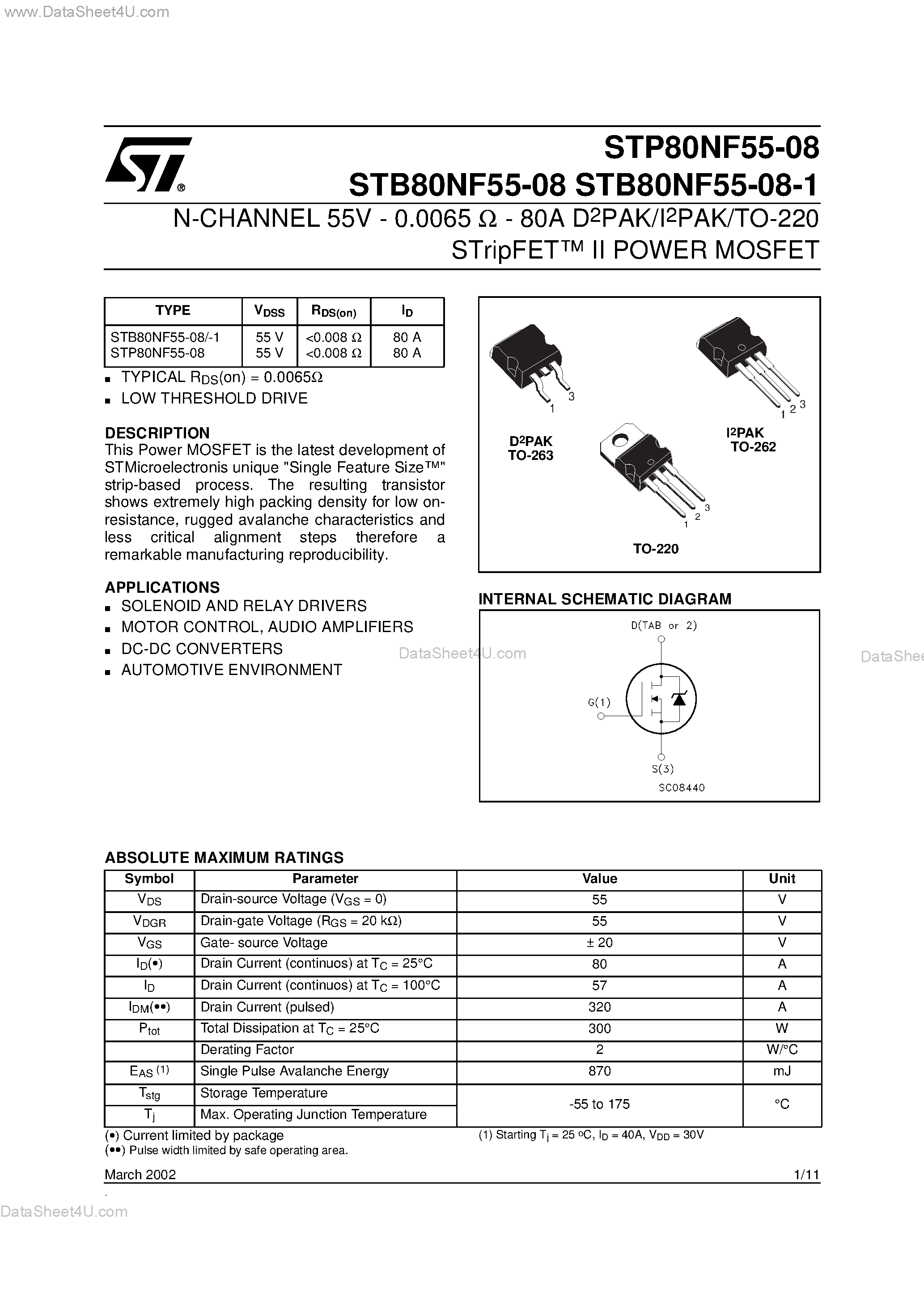 Datasheet STB80NF55-08 - N-CHANNEL POWER MOSFET page 1