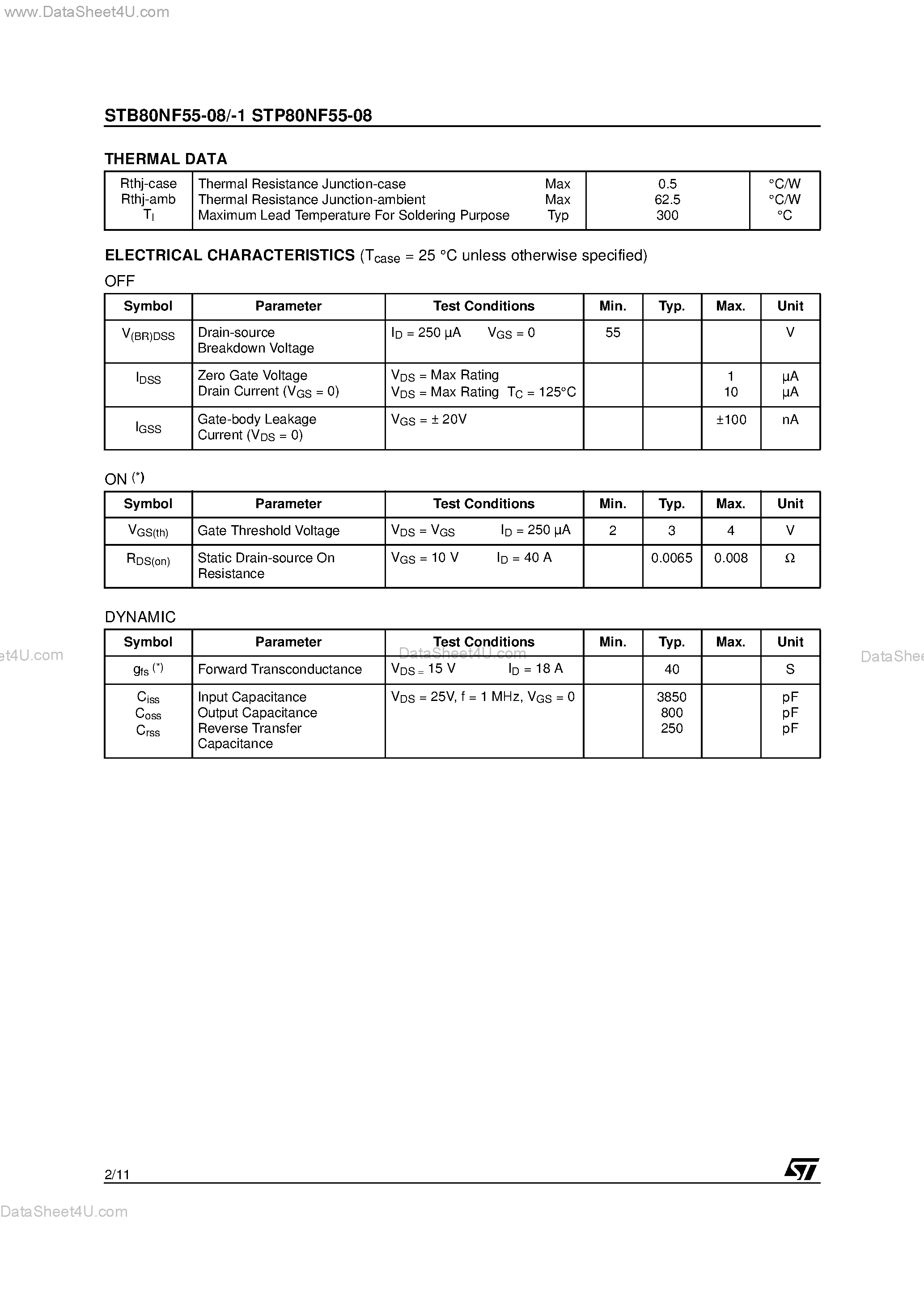 Datasheet STB80NF55-08 - N-CHANNEL POWER MOSFET page 2