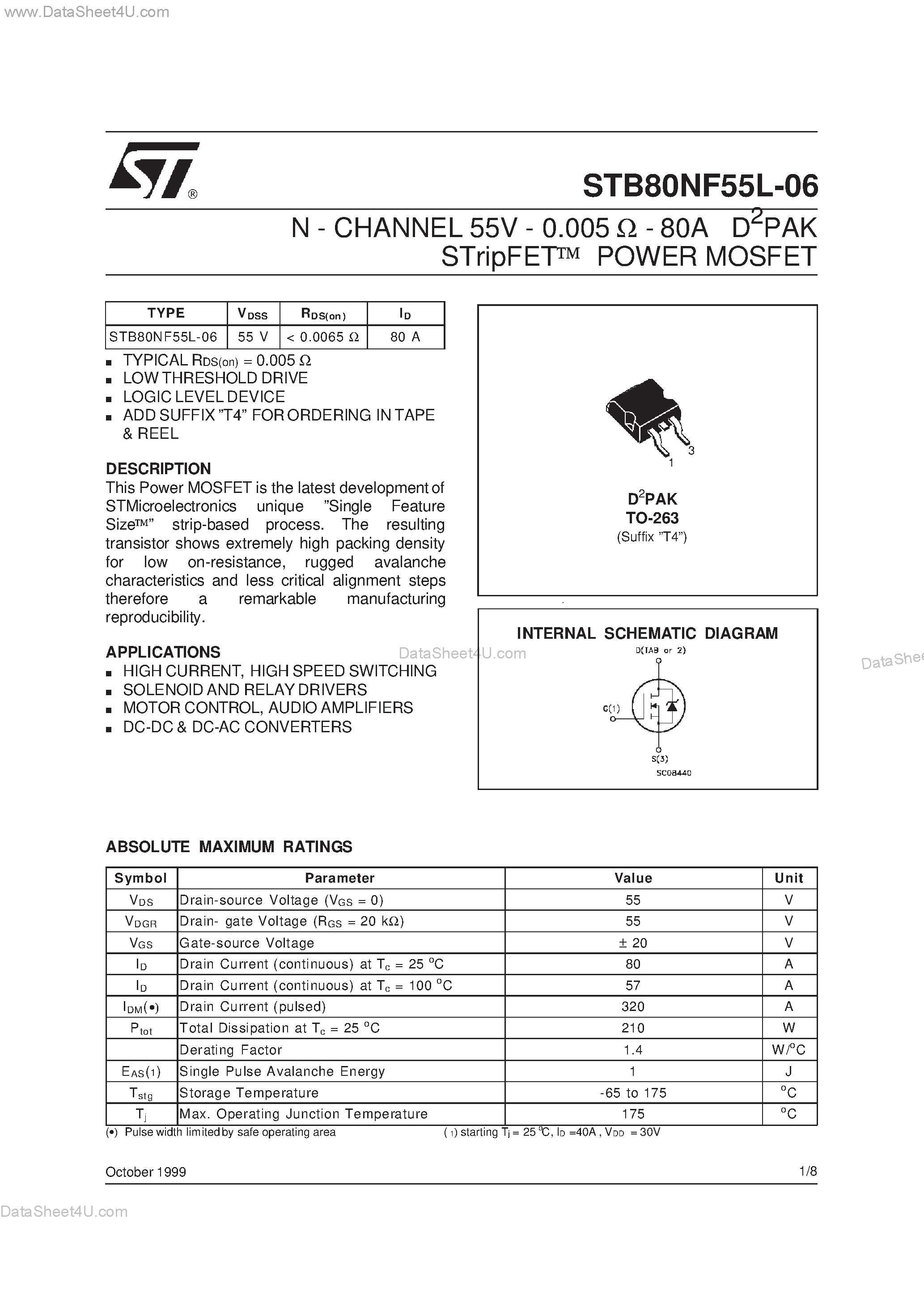 Datasheet STB80NF55L-06 - N-CHANNEL POWER MOSFET page 1