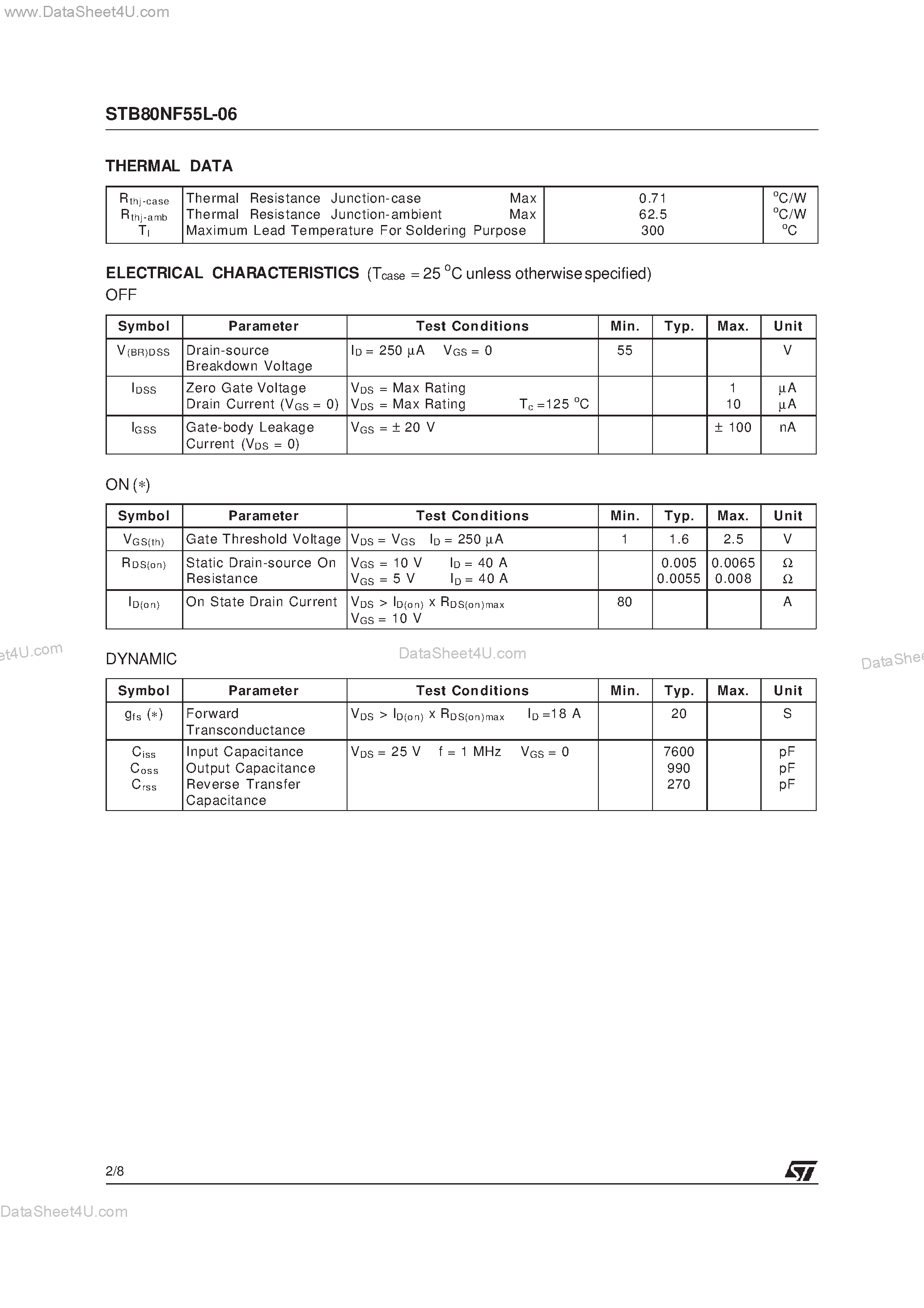 Datasheet STB80NF55L-06 - N-CHANNEL POWER MOSFET page 2