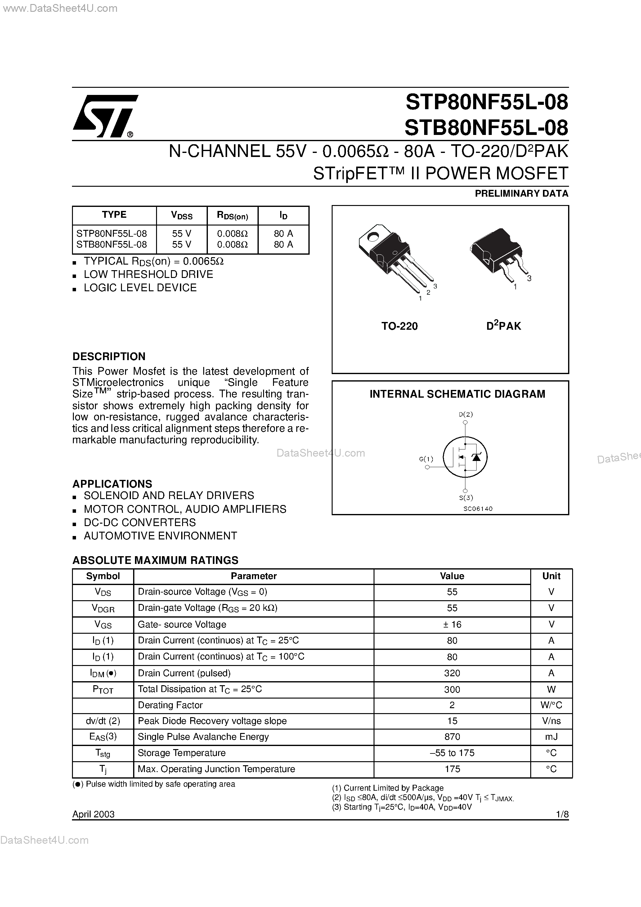Datasheet STB80NF55L-08 - N-CHANNEL POWER MOSFET page 1