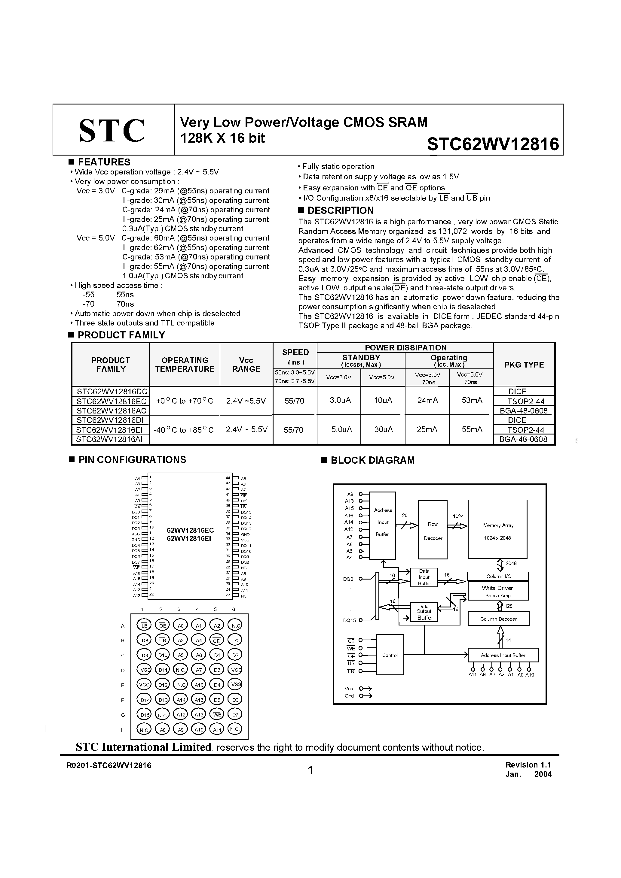 Даташит на микросхему STC62WV12816 страница 1 Даташит STC62WV12816 - Very Low Power/Voltage CMOS SRAM 128k X 16 bit страница 1