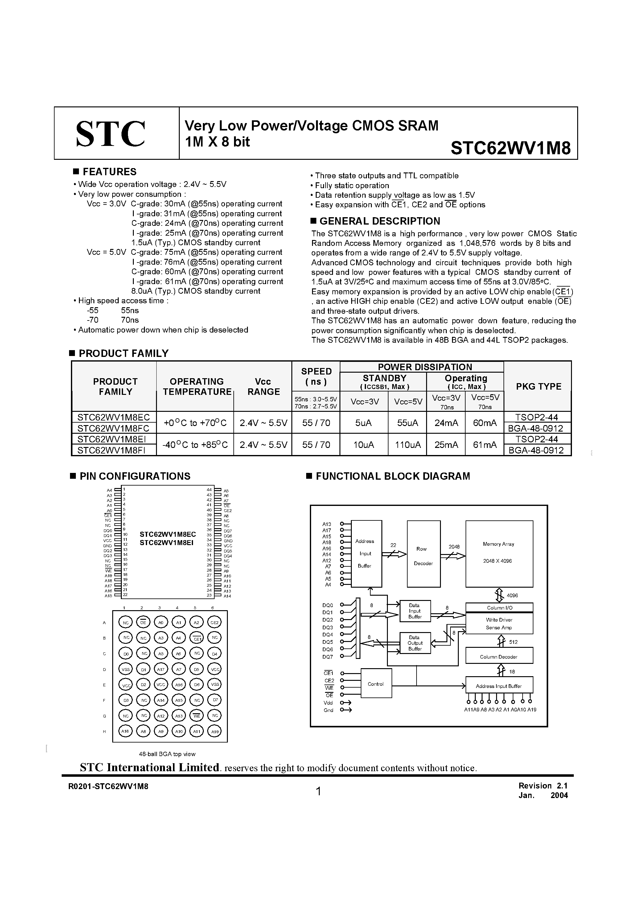 Datasheet STC62WV1M8 - Very Low Power/Voltage CMOS SRAM 1M X 8 bit page 1
