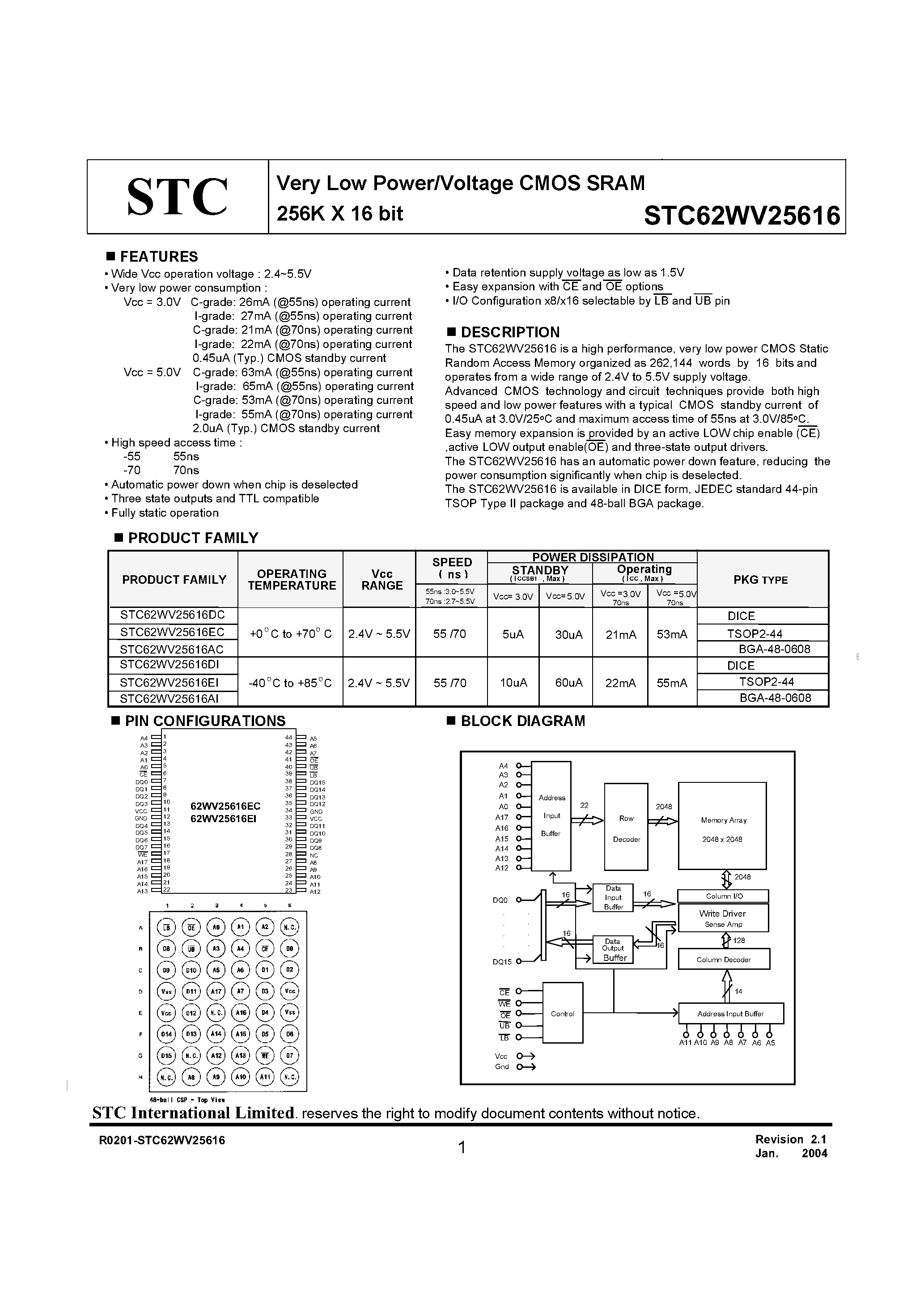 Даташит на микросхему STC62WV25616 страница 1 Даташит STC62WV25616 - Very Low Power/Voltage CMOS SRAM 256K X 16 bit страница 1
