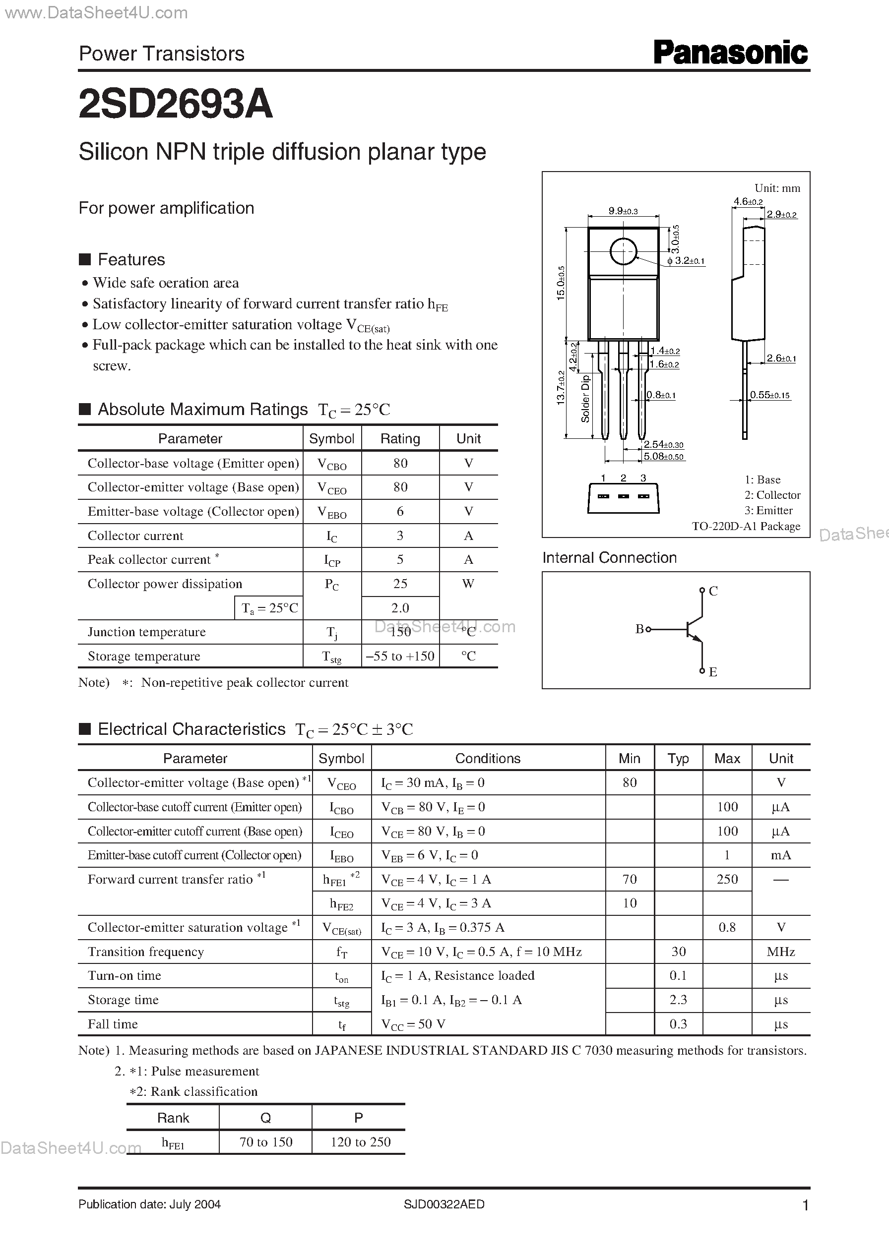 Даташит 2SD2693A - Power Transistors Silicon NPN triple diffusion planar type страница 1