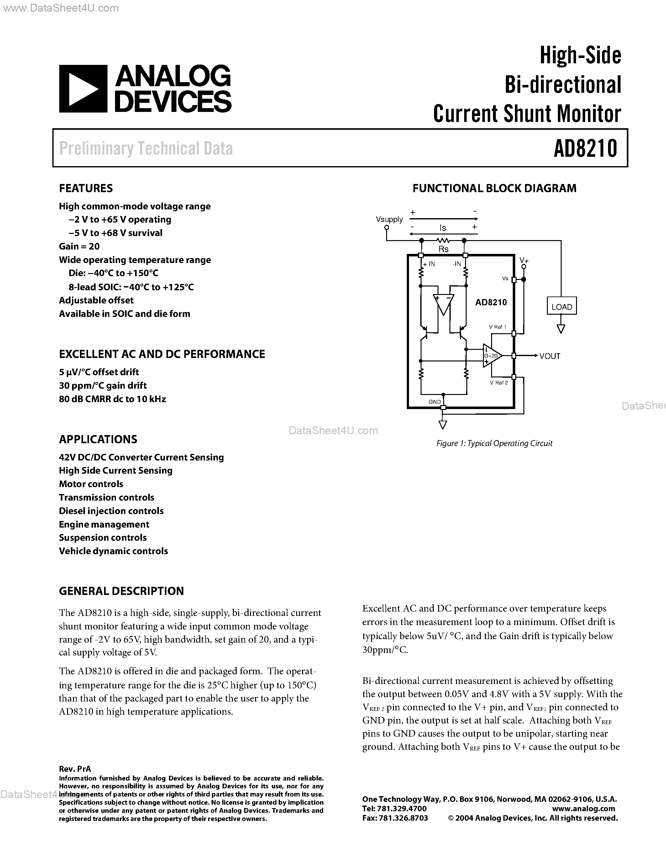 Datasheet AD8210 page 1 Datasheet AD8210 - High-Side Bi-directional Current Shunt Monitor page 1