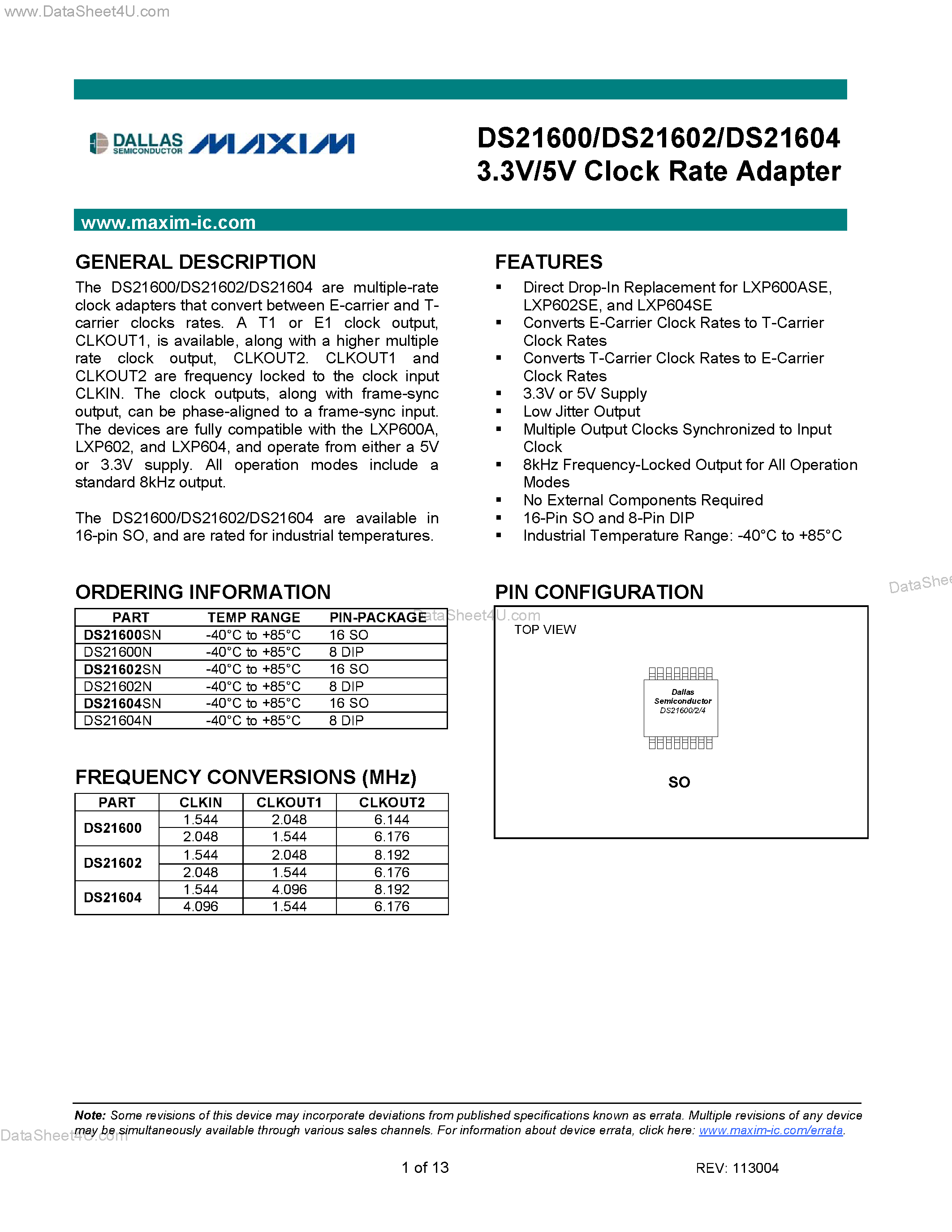Datasheet DS21600 page 1 Datasheet DS21600 - (DS21600 - DS21604) 3.3V/5V Clock Rate Adapter page 1