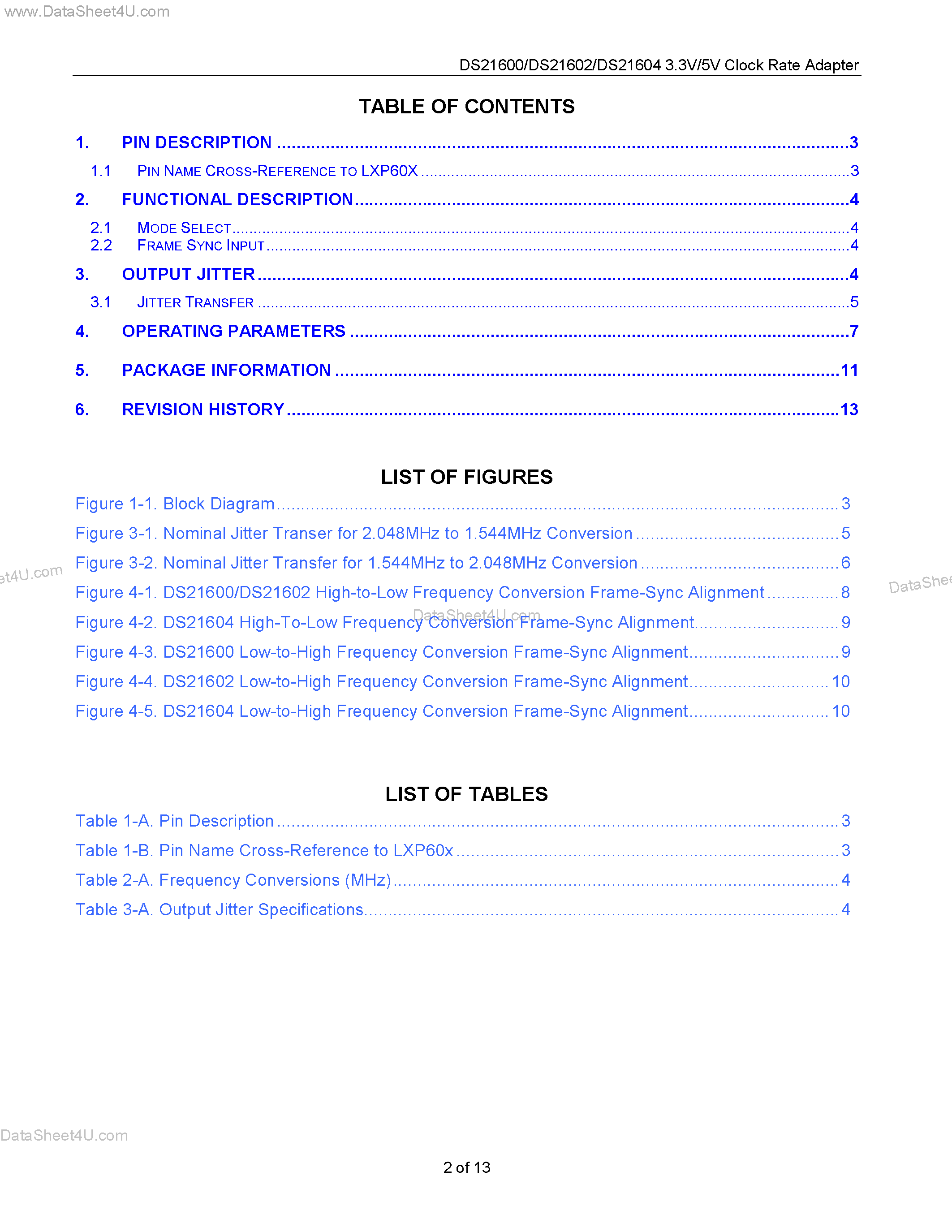 Datasheet DS21600 page 2 Datasheet DS21600 - (DS21600 - DS21604) 3.3V/5V Clock Rate Adapter page 2