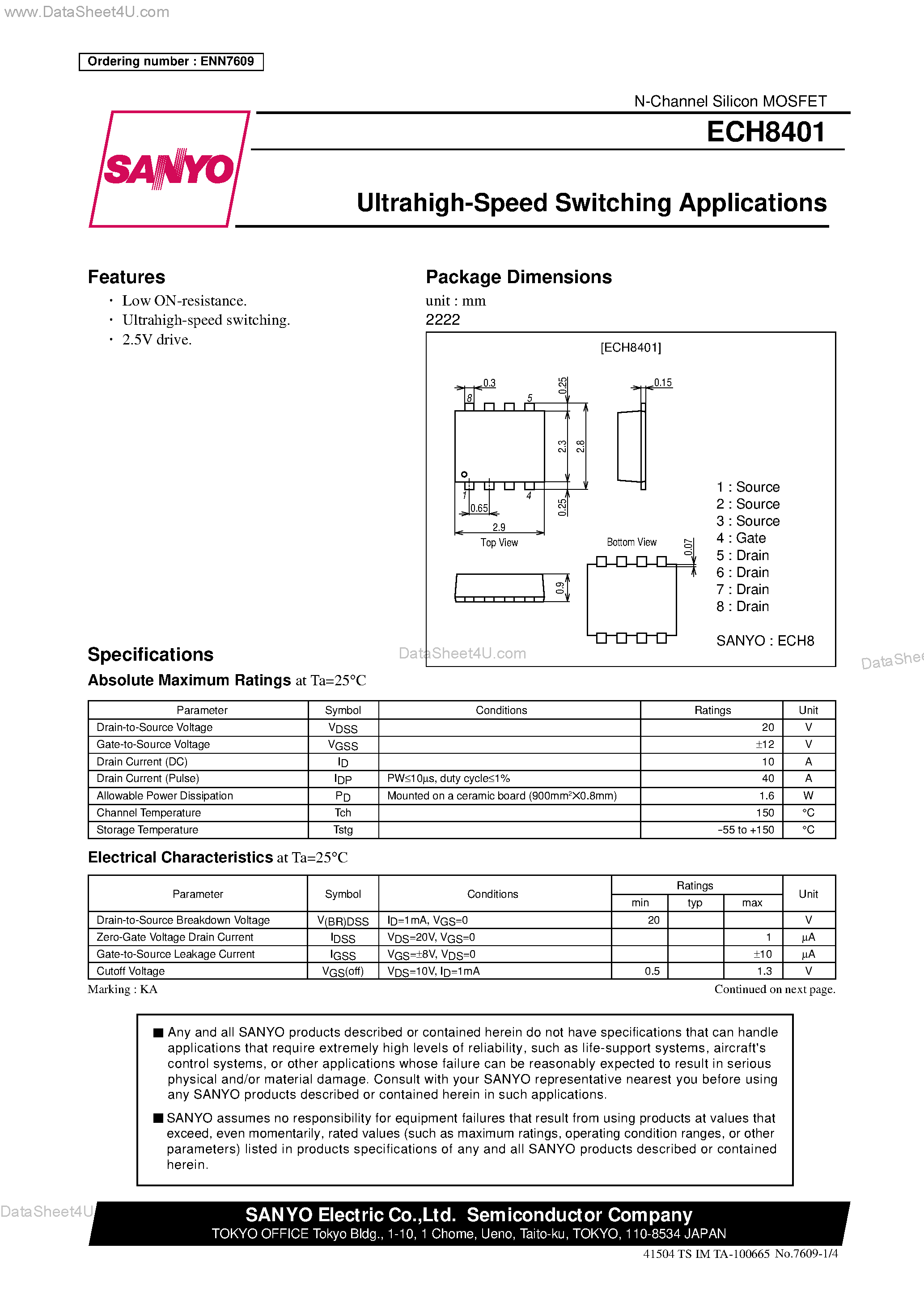 Datasheet ECH8401 - N-Channel Silicon MOSFET Ultrahigh-Speed Switching Applications page 1