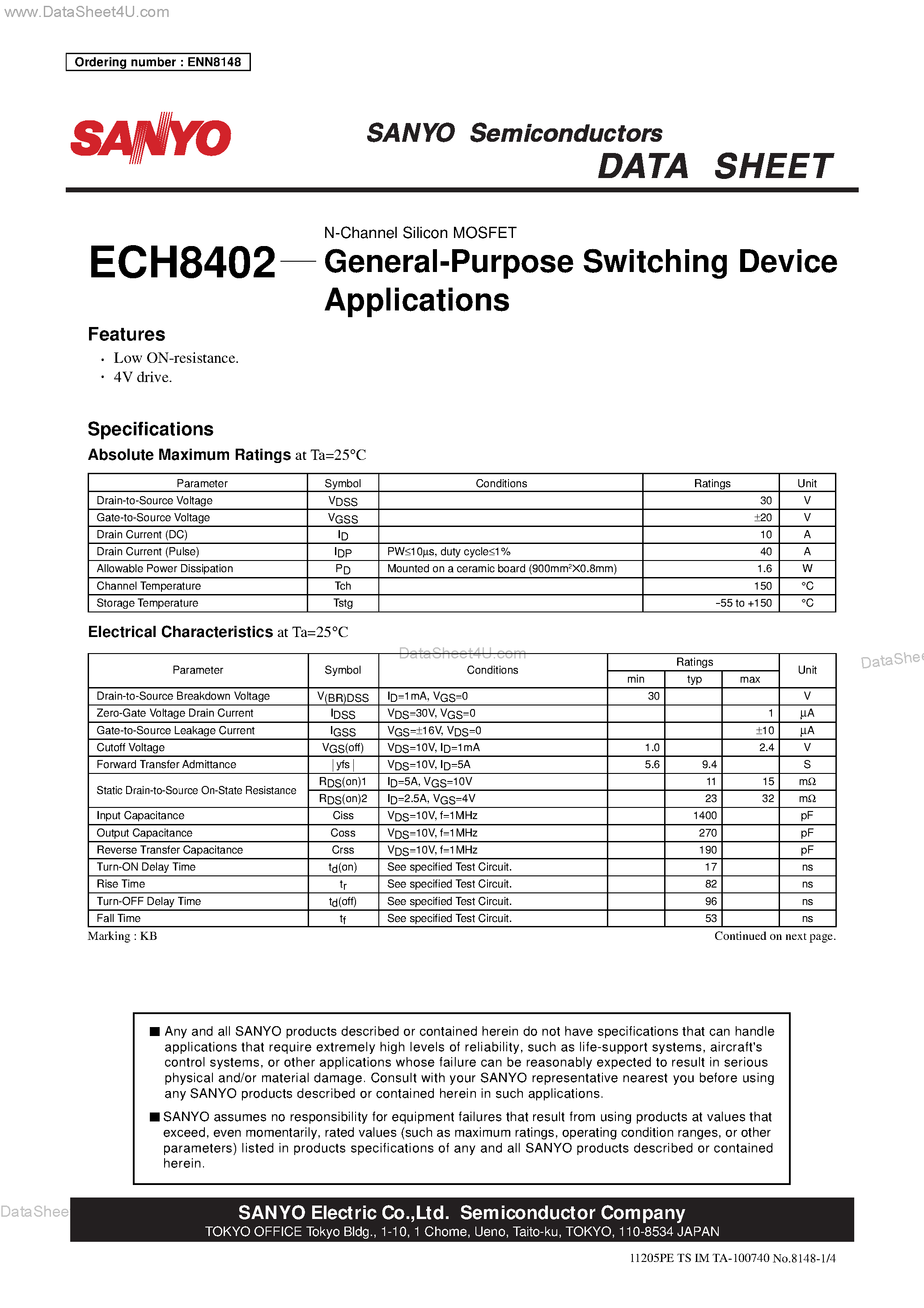 Даташит на микросхему ECH8402 страница 1 Даташит ECH8402 - General-Purpose Switching Device Applications страница 1