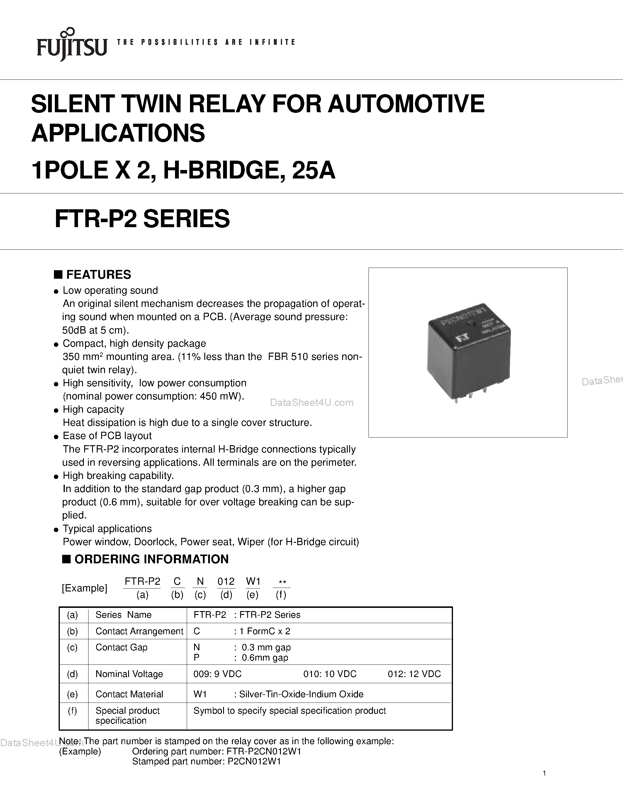 Даташит FTR-P2 - SILENT TWIN RELAY FOR AUTOMOTIVE APPLICATIONS 1POLE X 2 страница 1