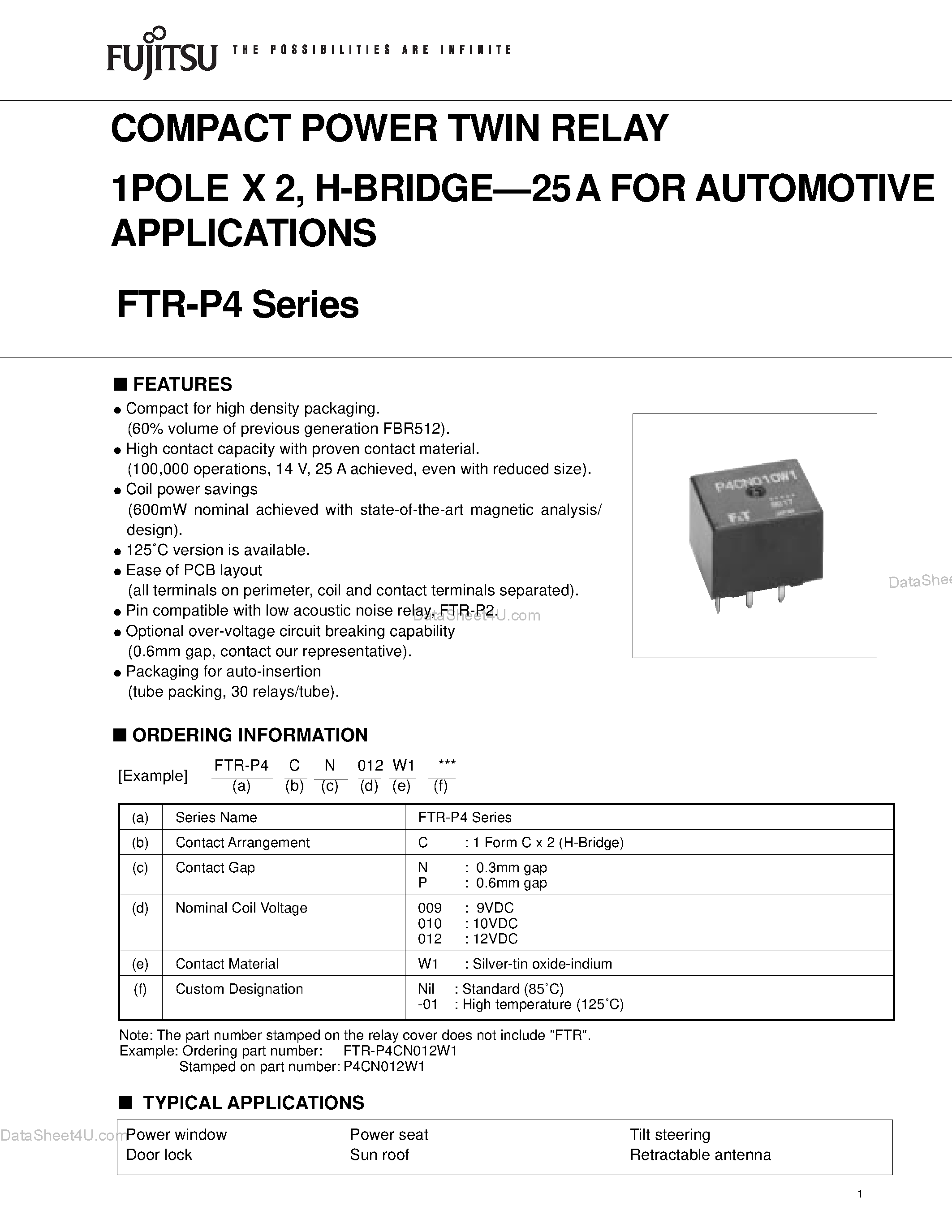 Даташит FTR-P4 - COMPACT POWER TWIN RELAY 1POLE X 2 страница 1