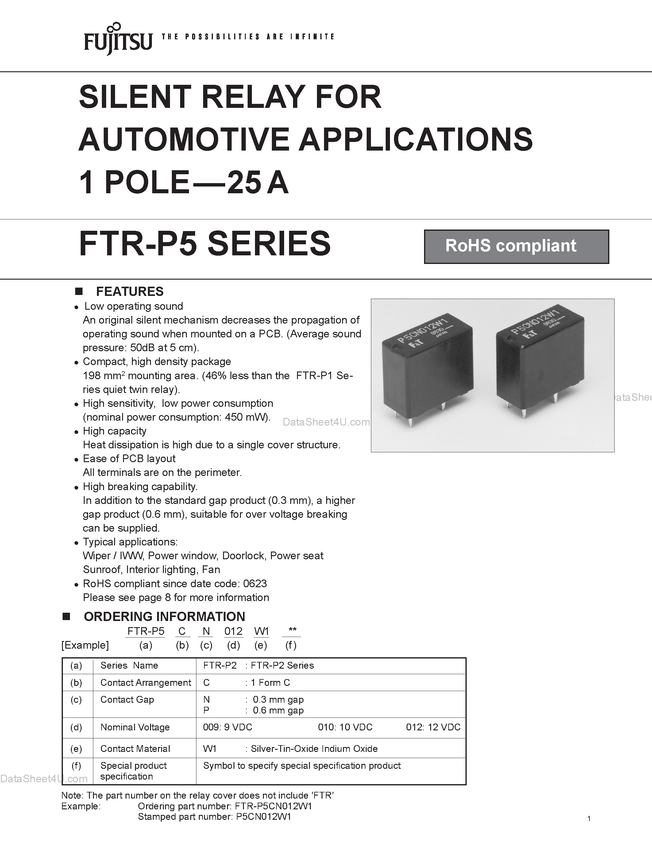 Datasheet FTR-P5 - SILENT RELAY FOR AUTOMOTIVE APPLICATIONS 1 POLE-25 A page 1