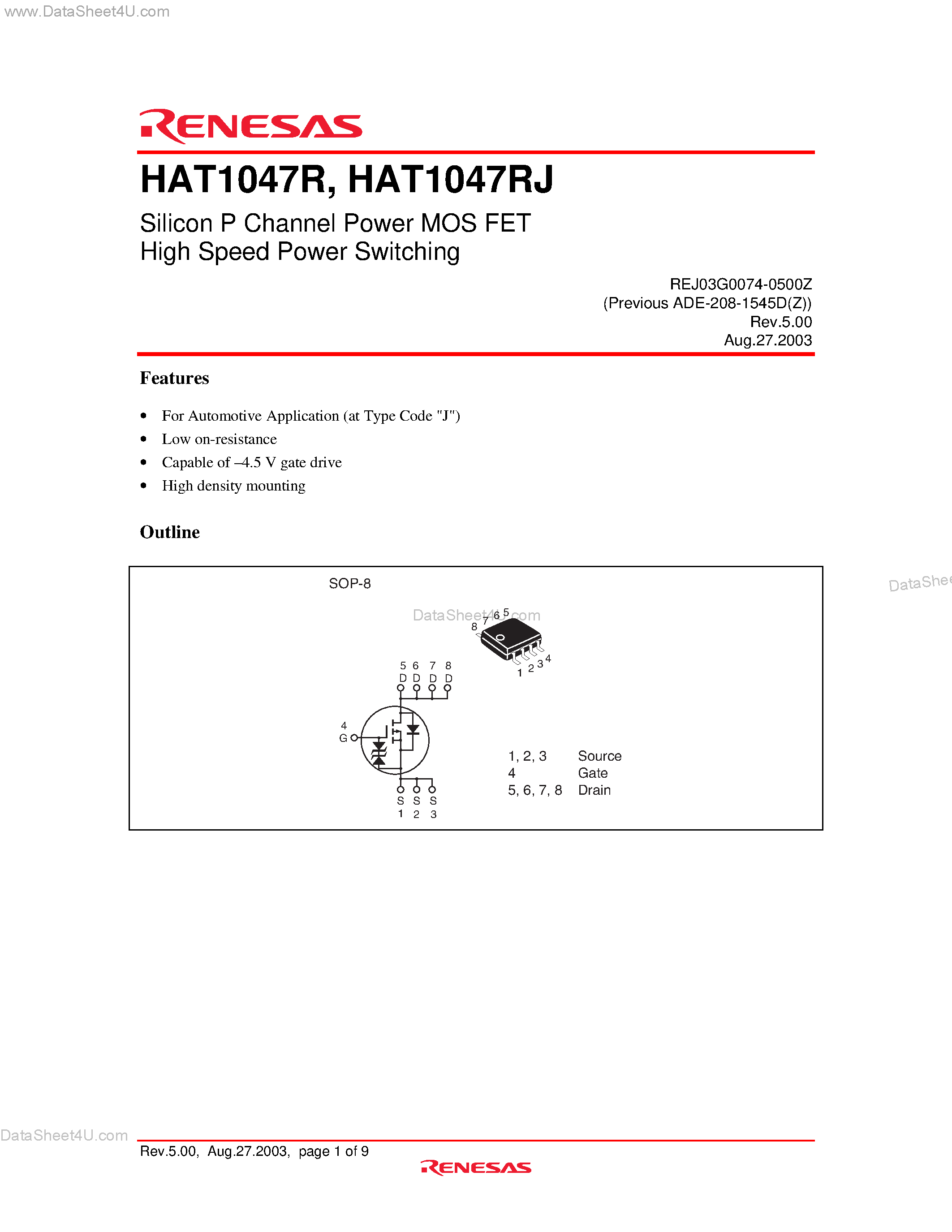 Datasheet HAT1047R - Silicon P Channel Power MOS FET High Speed Power Switching page 1
