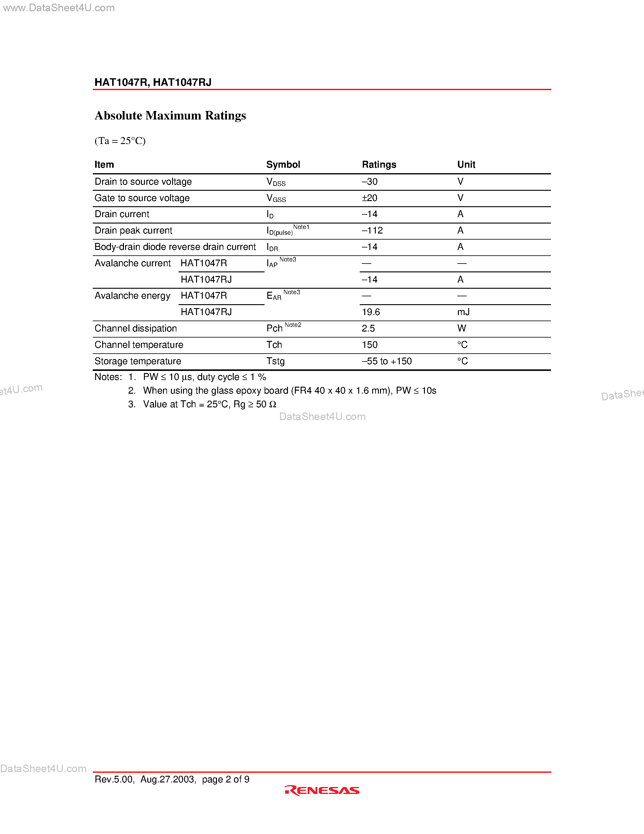 Datasheet HAT1047R - Silicon P Channel Power MOS FET High Speed Power Switching page 2