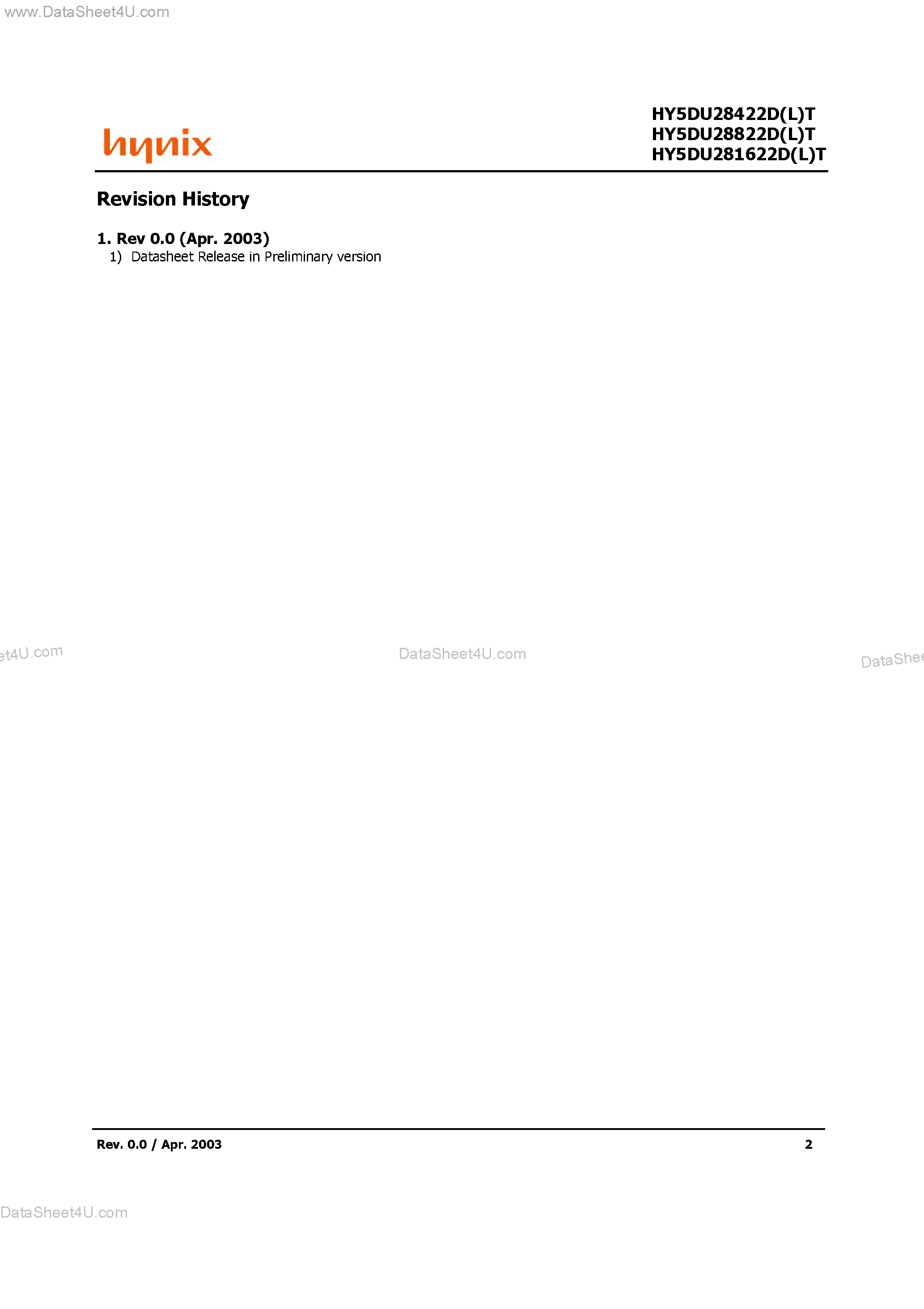 Даташит HY5DU281622DT - (HY5DU28xx22D(L)T) 128Mb-S DDR SDRAM страница 2