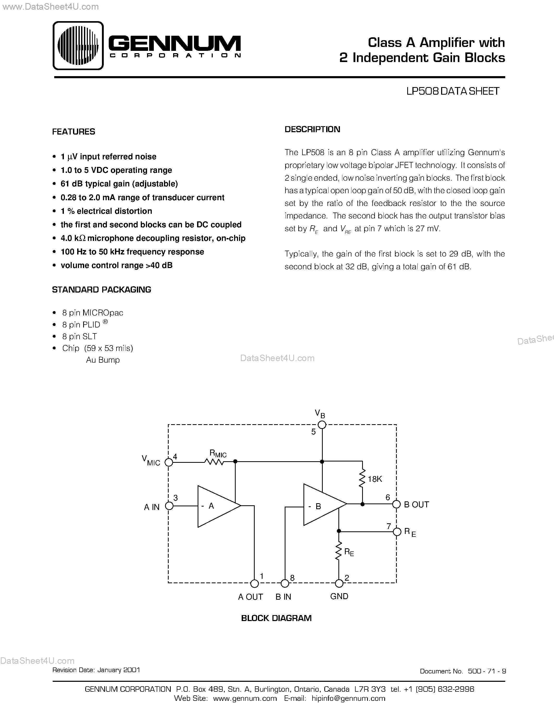 Datasheet LP508 - Class A Amplifier with 2 Independent Gain Blocks page 1