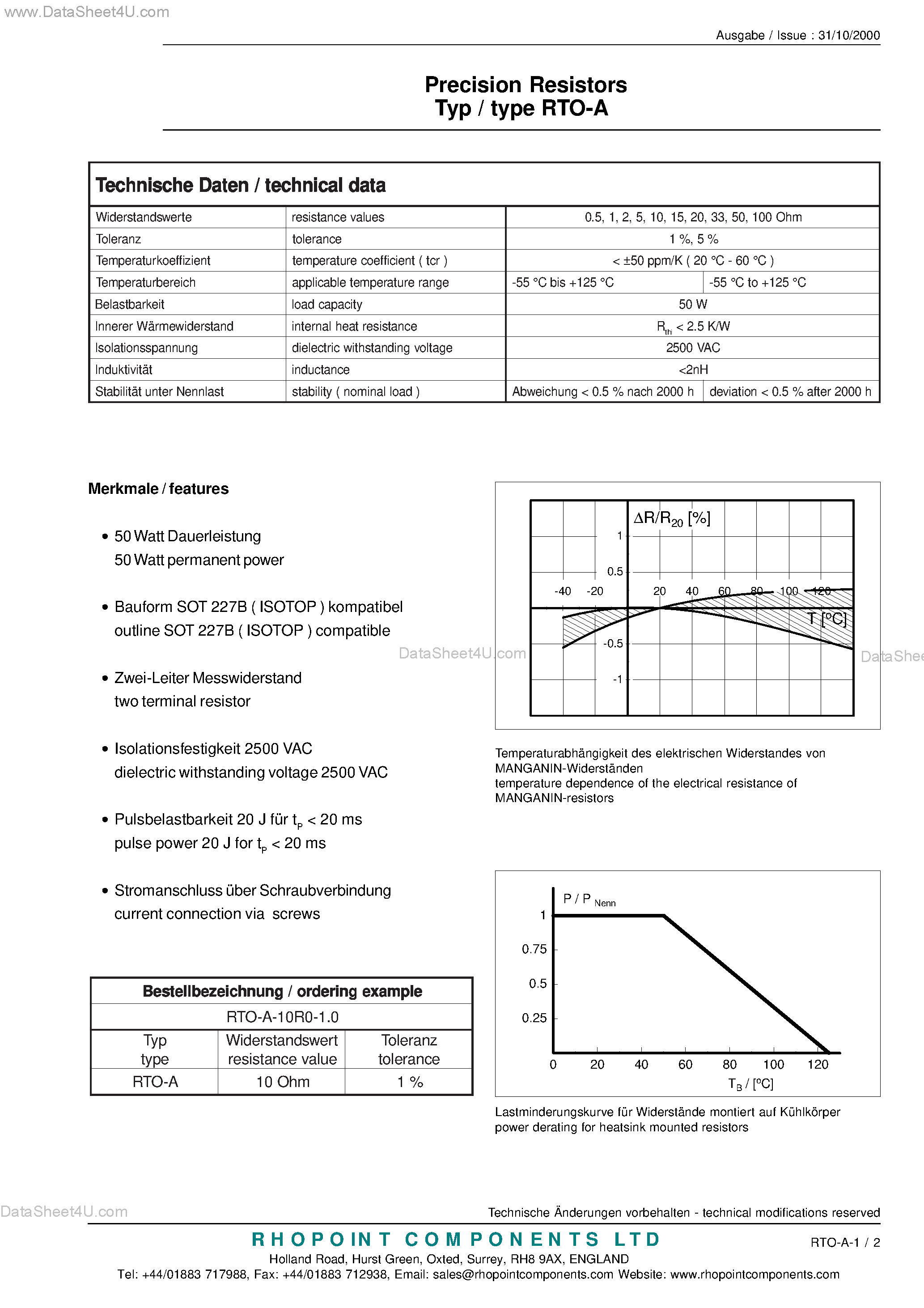 Datasheet RTO-A - Precision Resistors page 1