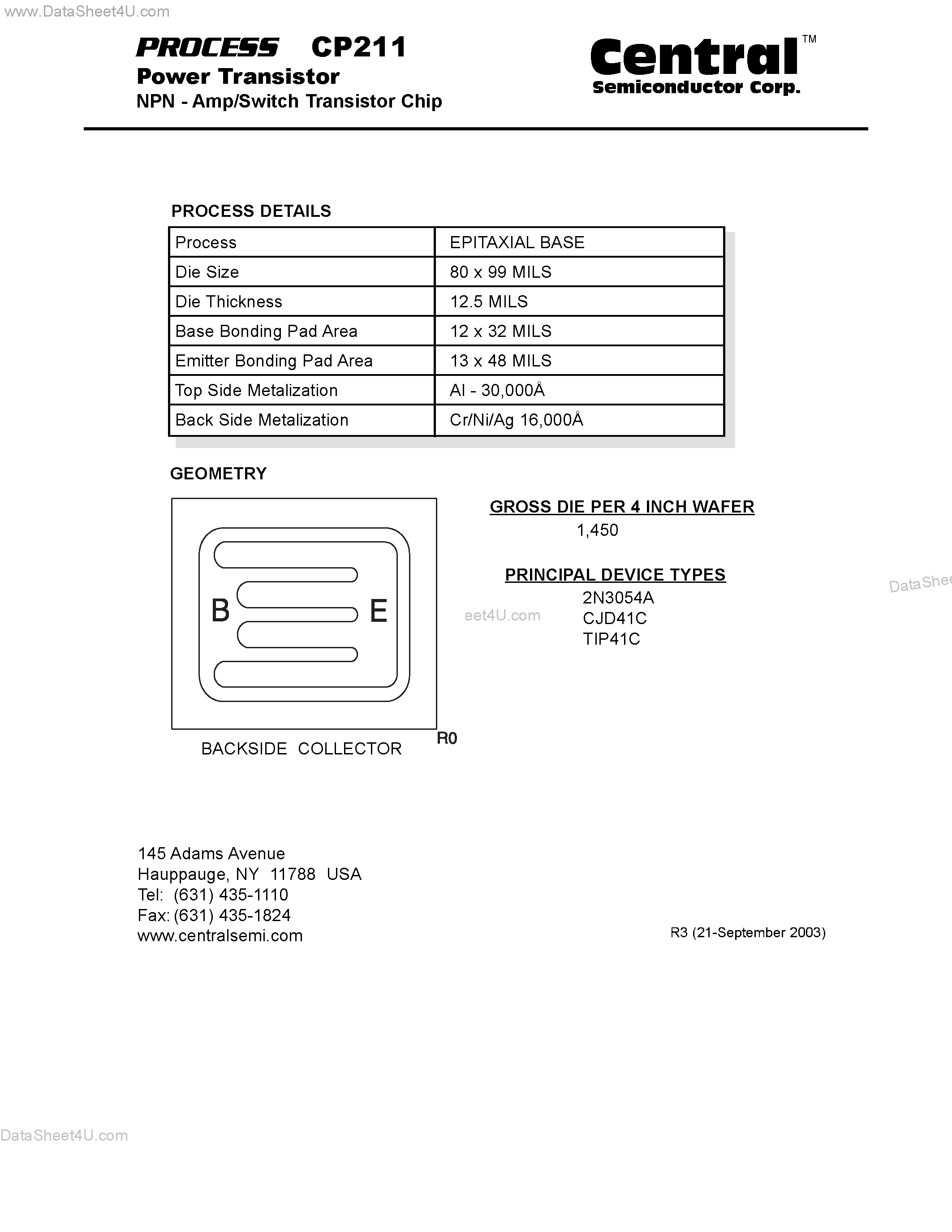 Datasheet CP211 page 1 Datasheet CP211 - Power Transistor NPN - Amp/Switch Transistor Chip page 1