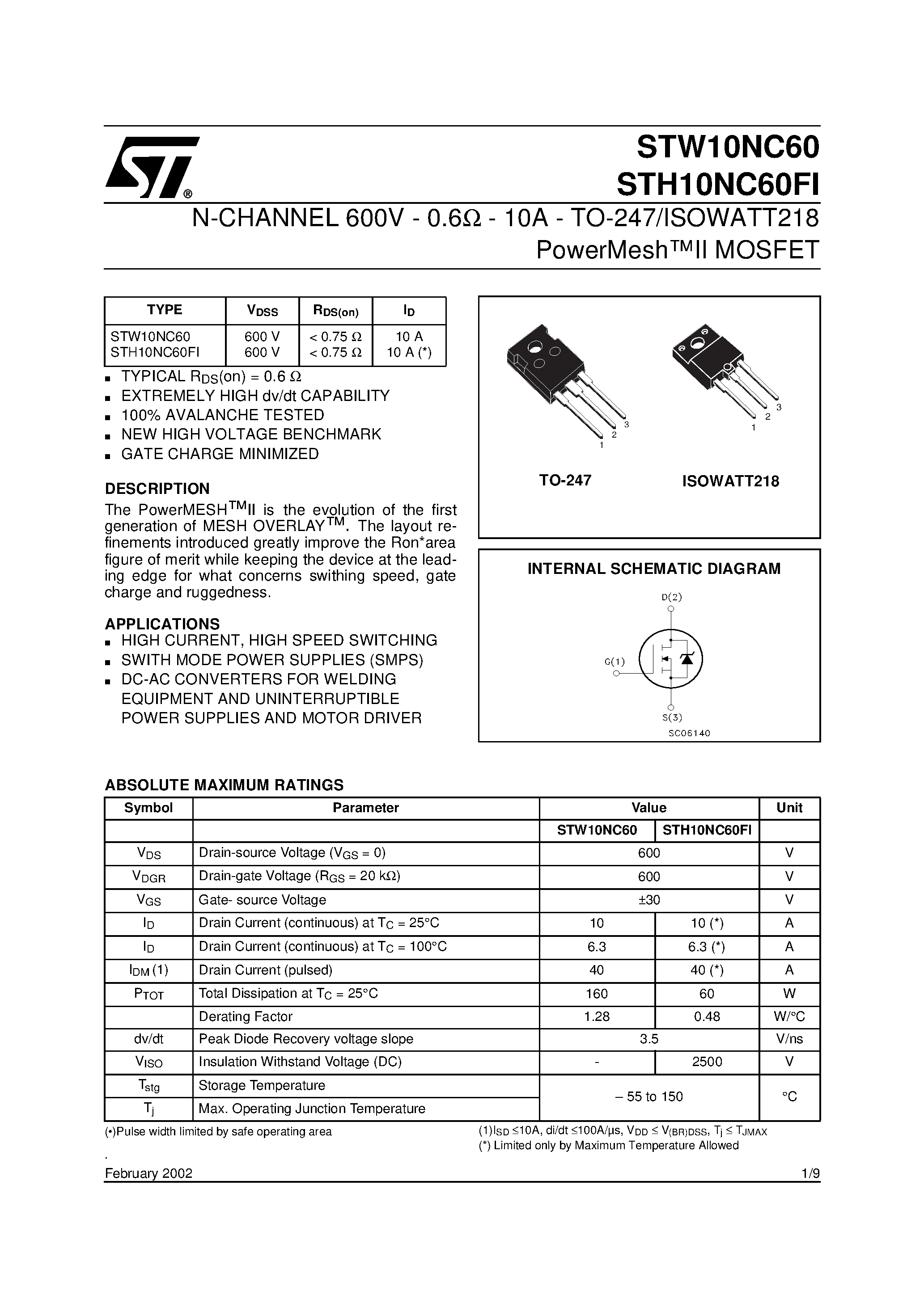 Datasheet STH10NC60 - N-CHANNEL Power MOS MOSFET page 1