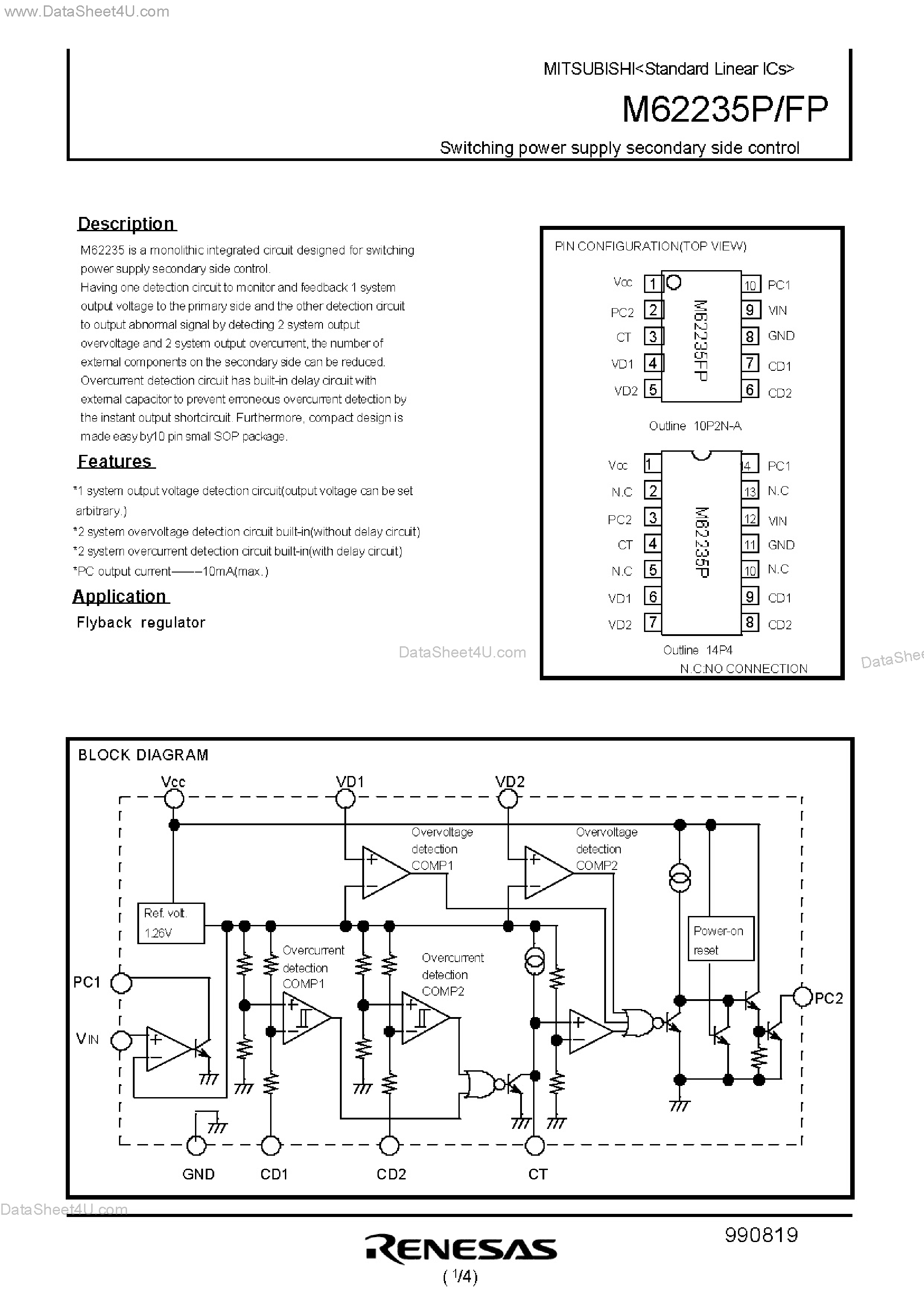 Даташит на микросхему M62235FP страница 1 Даташит M62235FP - Standard Linear ICs Switching power supply secondary side control страница 1