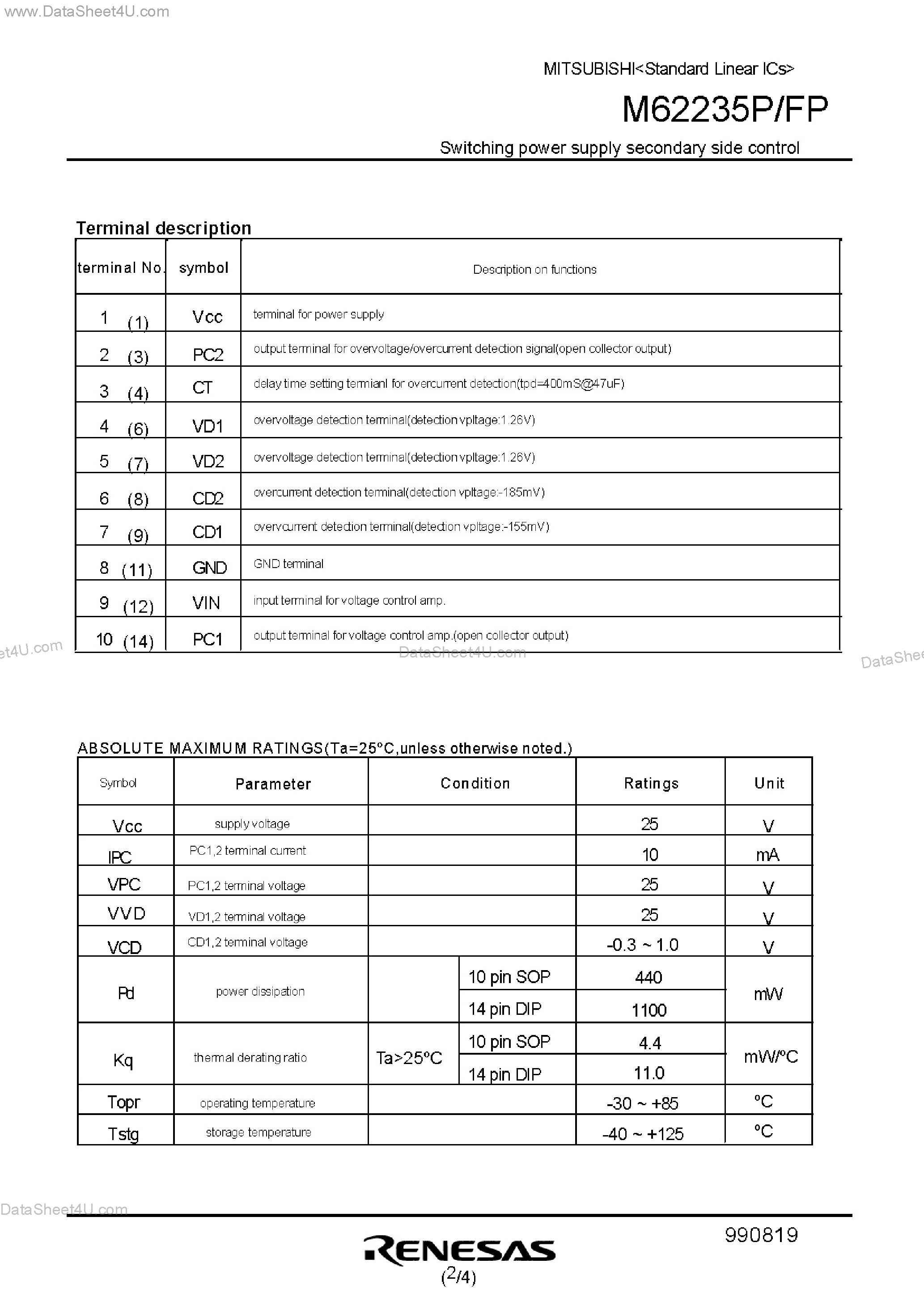 Даташит на микросхему M62235FP страница 2 Даташит M62235FP - Standard Linear ICs Switching power supply secondary side control страница 2