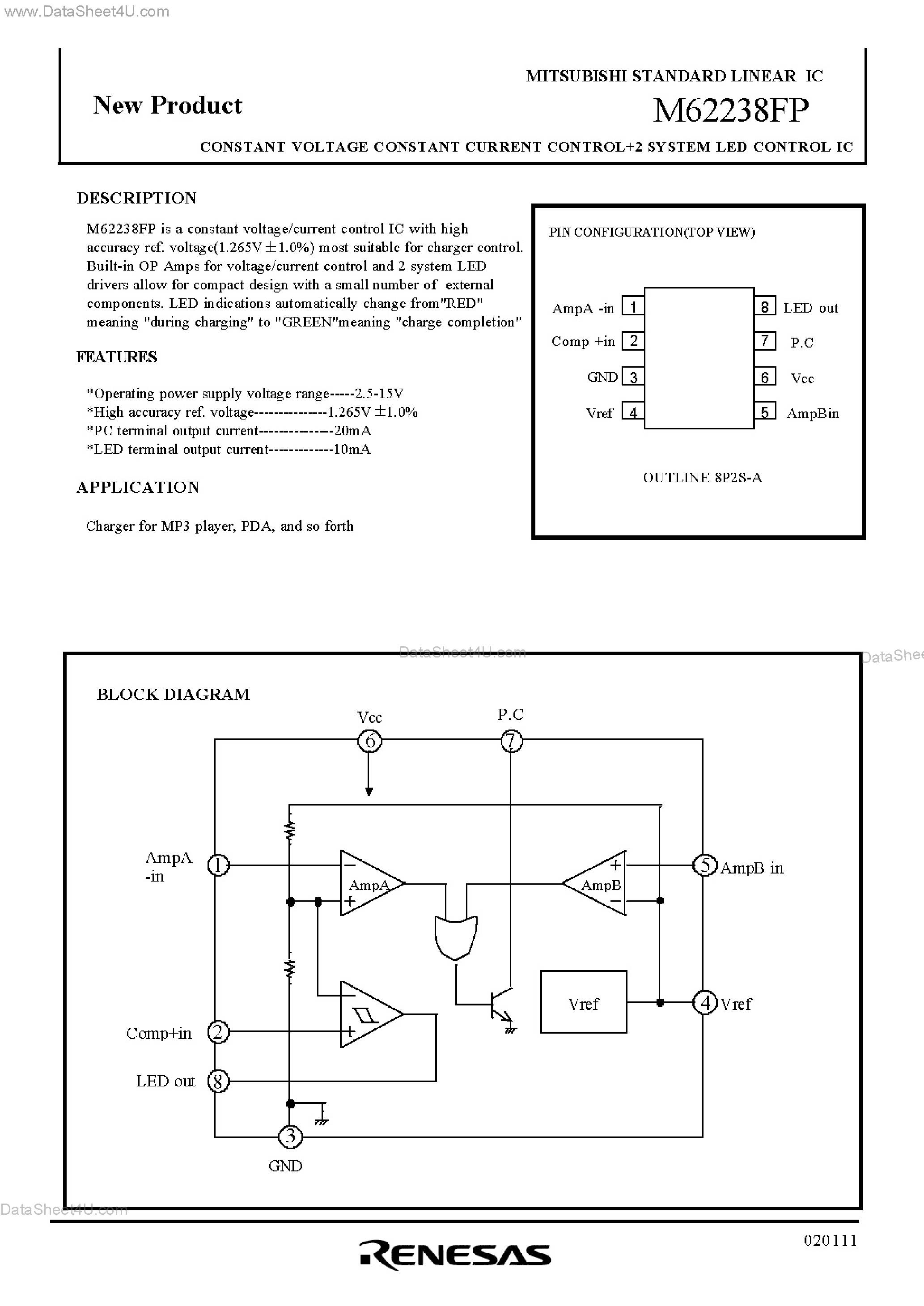 Datasheet M62238FP - CONSTANT VOLTAGE CONSTANT CONTROL+2 SYSTEM LED CONTROL IC page 1