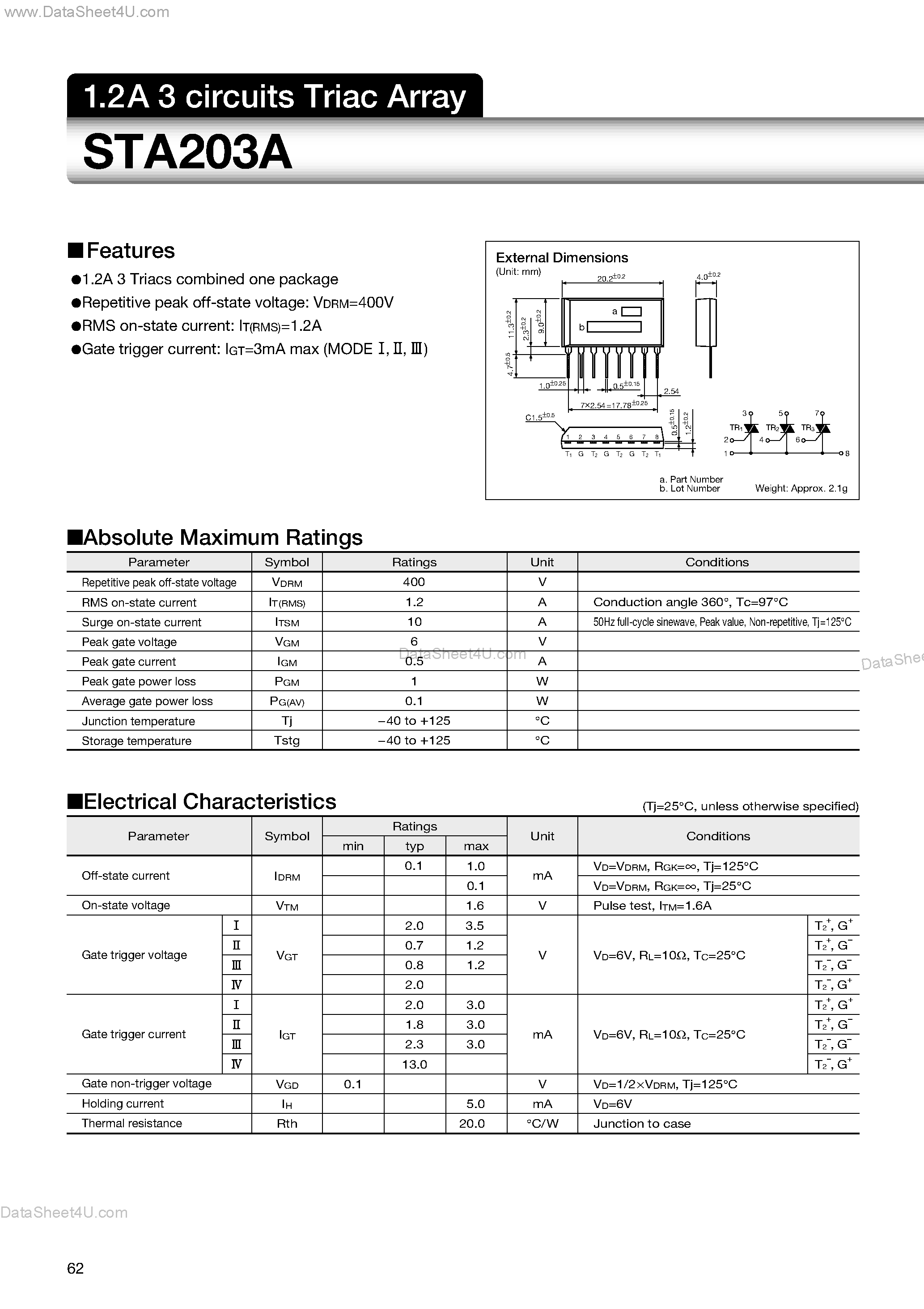Datasheet STA203A page 1 Datasheet STA203A - 1.2A 3 circuits Triac Array page 1
