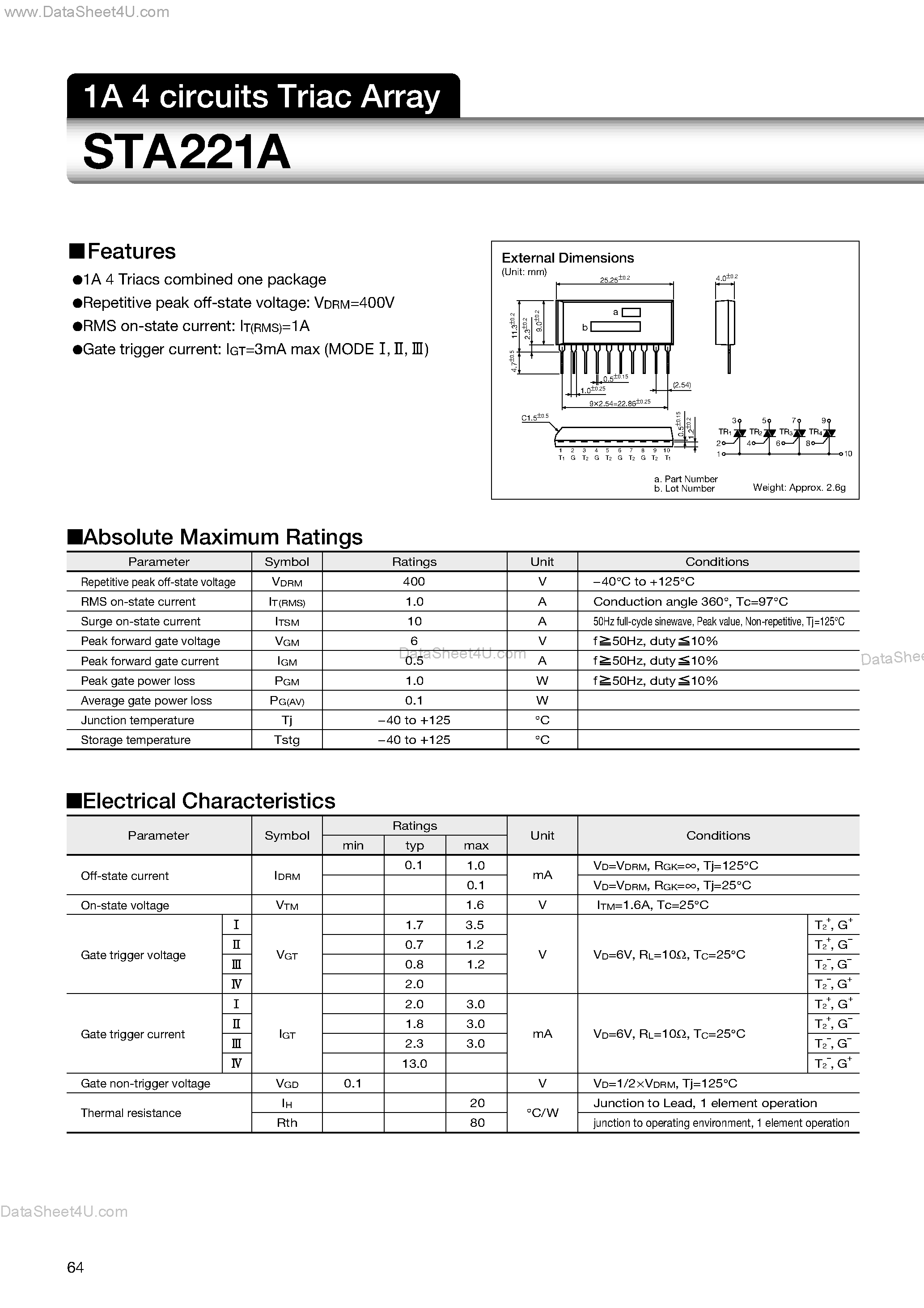 Datasheet STA221A page 1 Datasheet STA221A - 1A 4 circuits Triac Array page 1