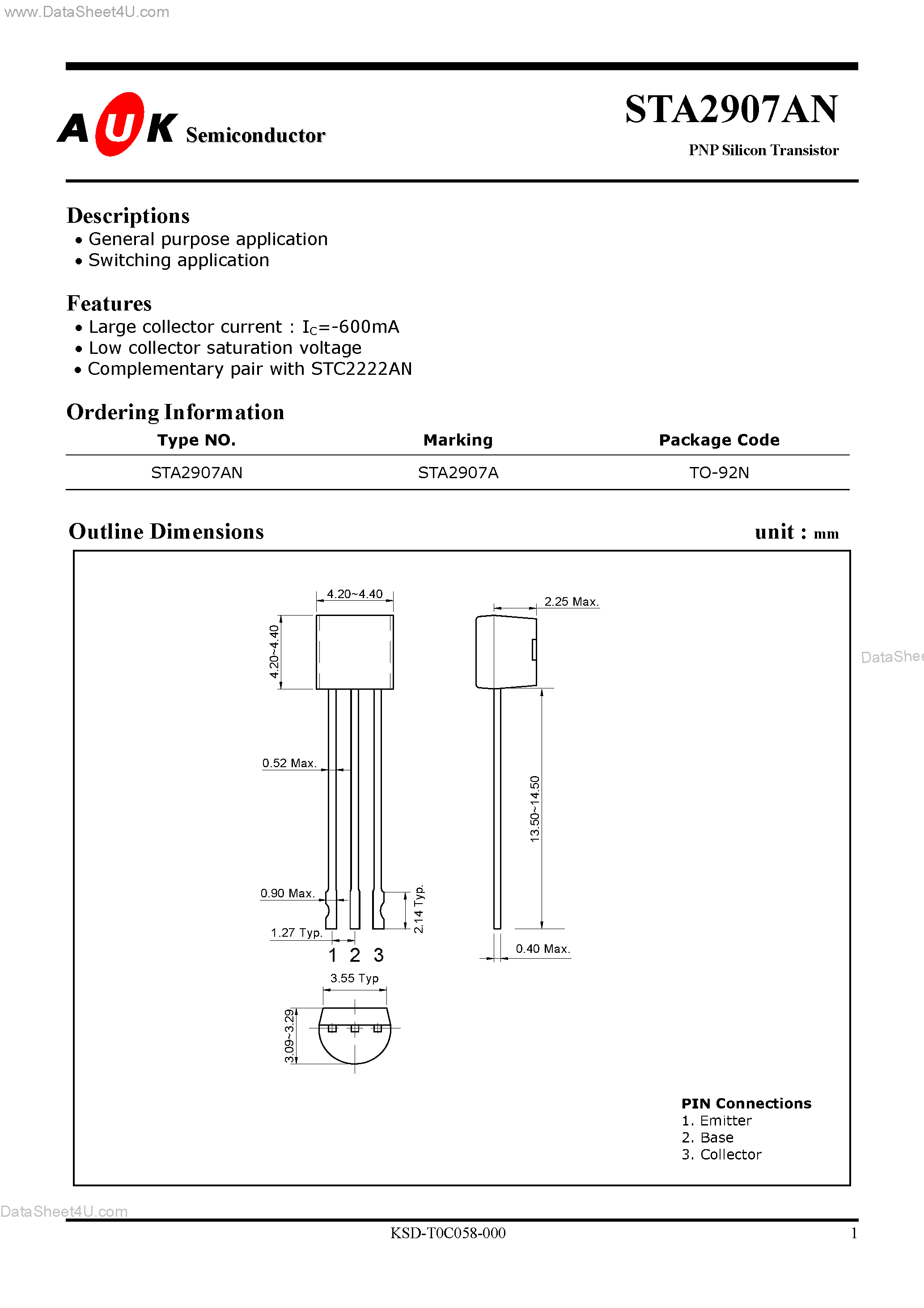 Datasheet STA2907AN page 1 Datasheet STA2907AN - PNP Silicon Transistor page 1