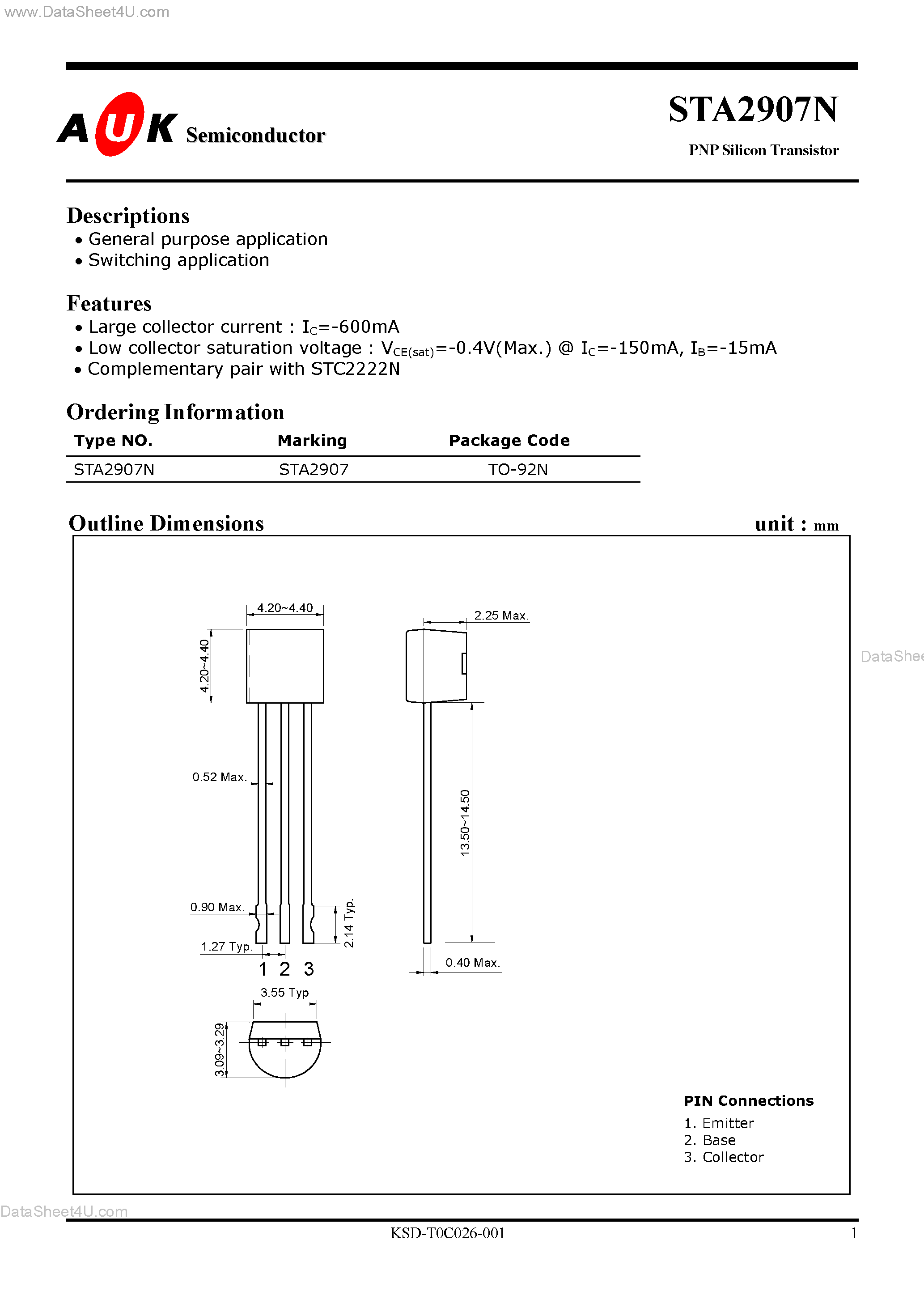 Datasheet STA2907N page 1 Datasheet STA2907N - PNP Silicon Transistor page 1