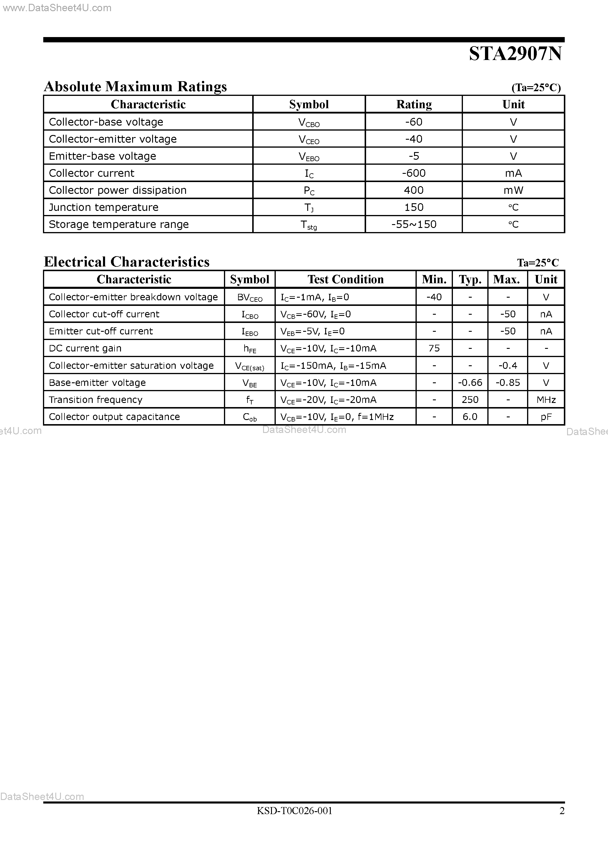 Datasheet STA2907N page 2 Datasheet STA2907N - PNP Silicon Transistor page 2