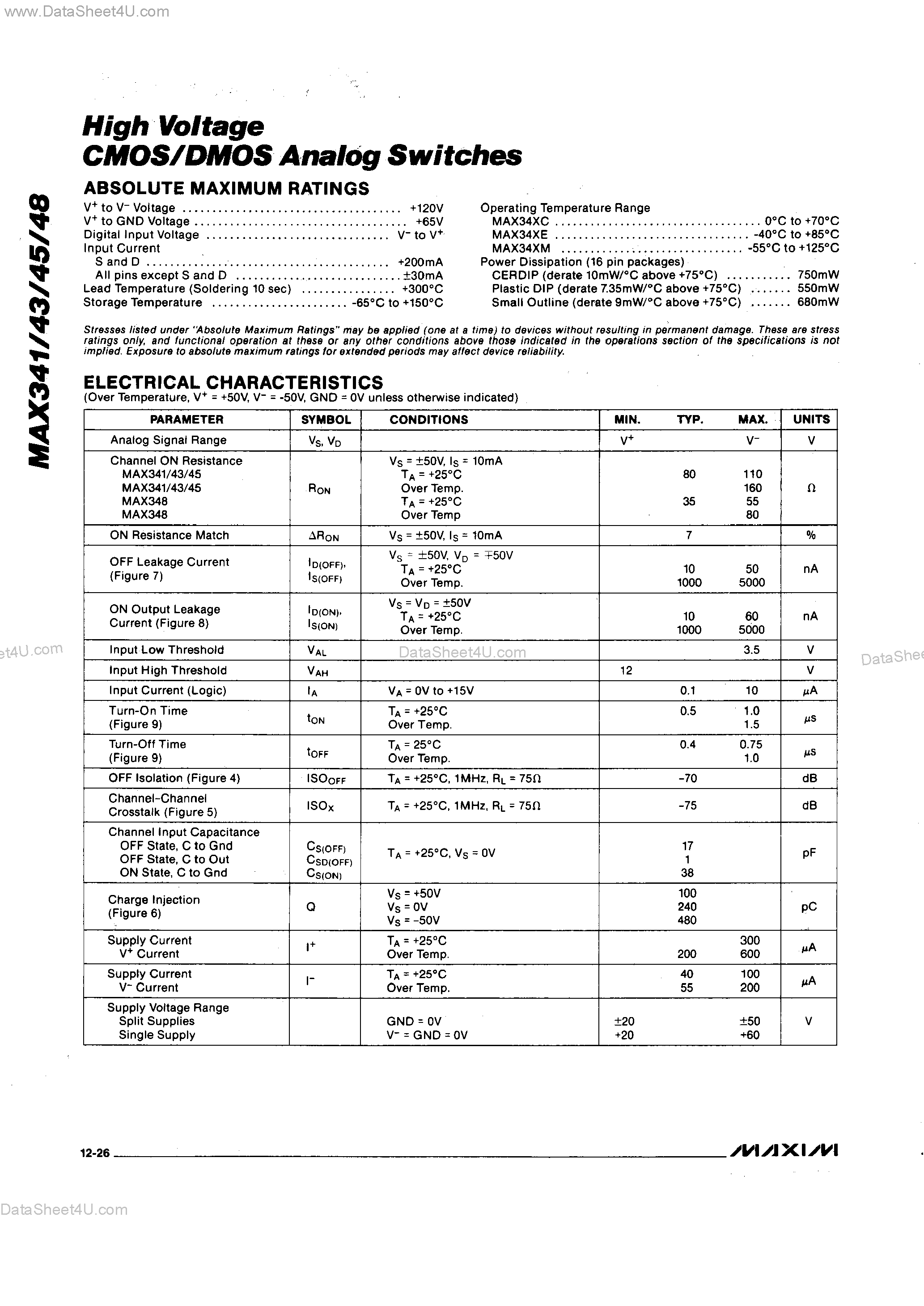 Datasheet MAX341 - (MAX341 - MAX348) CMOS / DMOS Analog Switches page 2