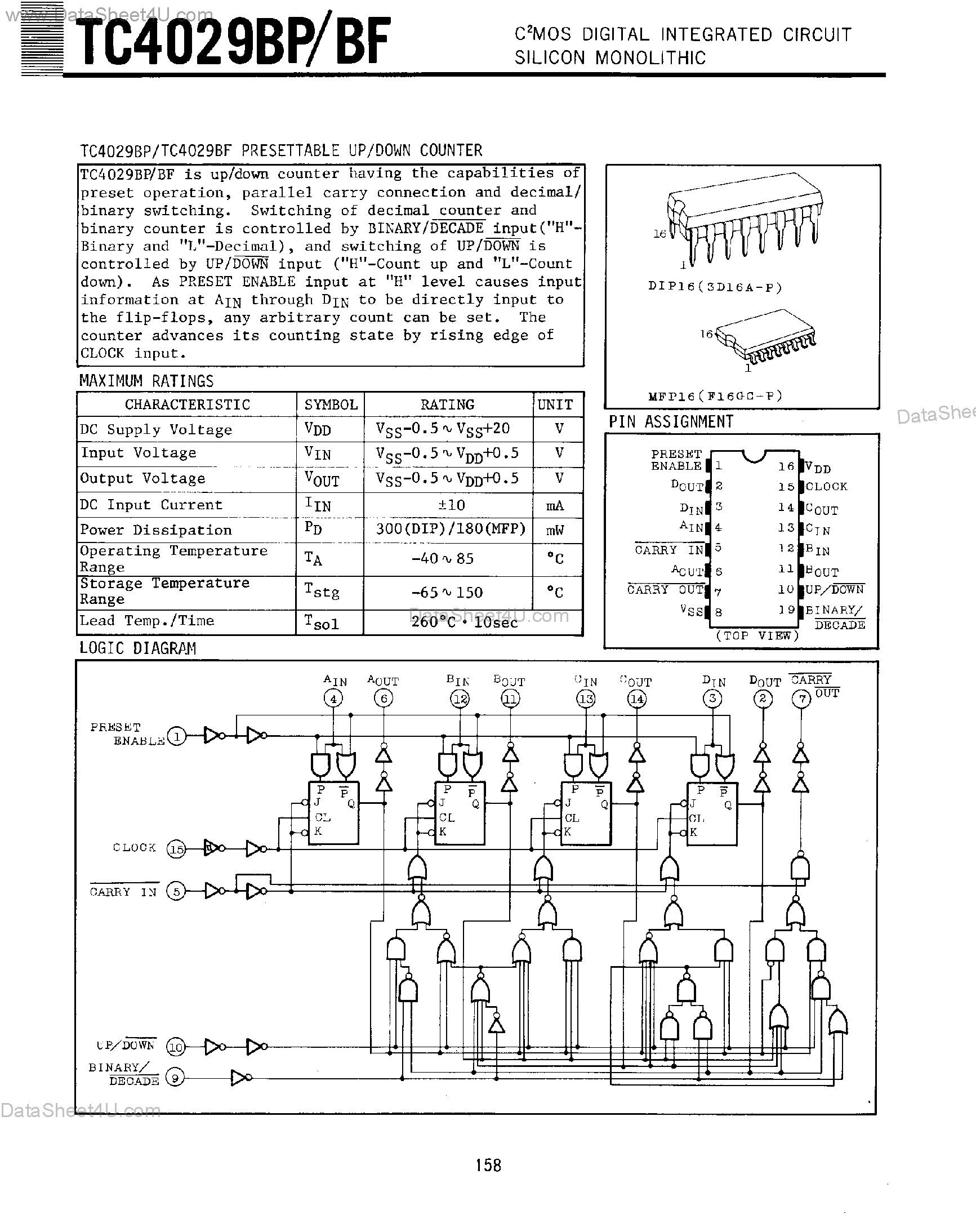 Datasheet TC4029BF page 1 Datasheet TC4029BF - Presettable Up/Down Counter page 1