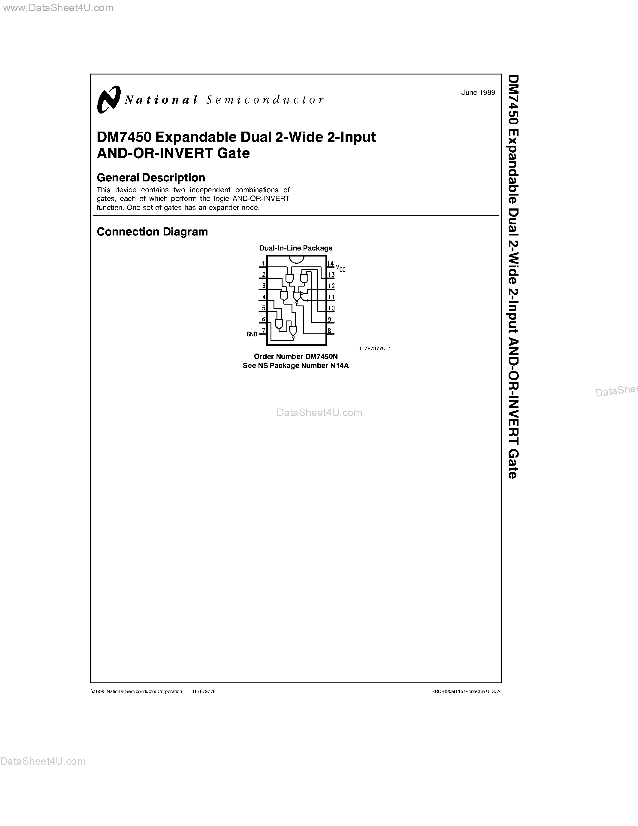 Datasheet DM7450 - Expandable Dual 2-Wide 2-Input AND-OR-INVERT Gate page 1